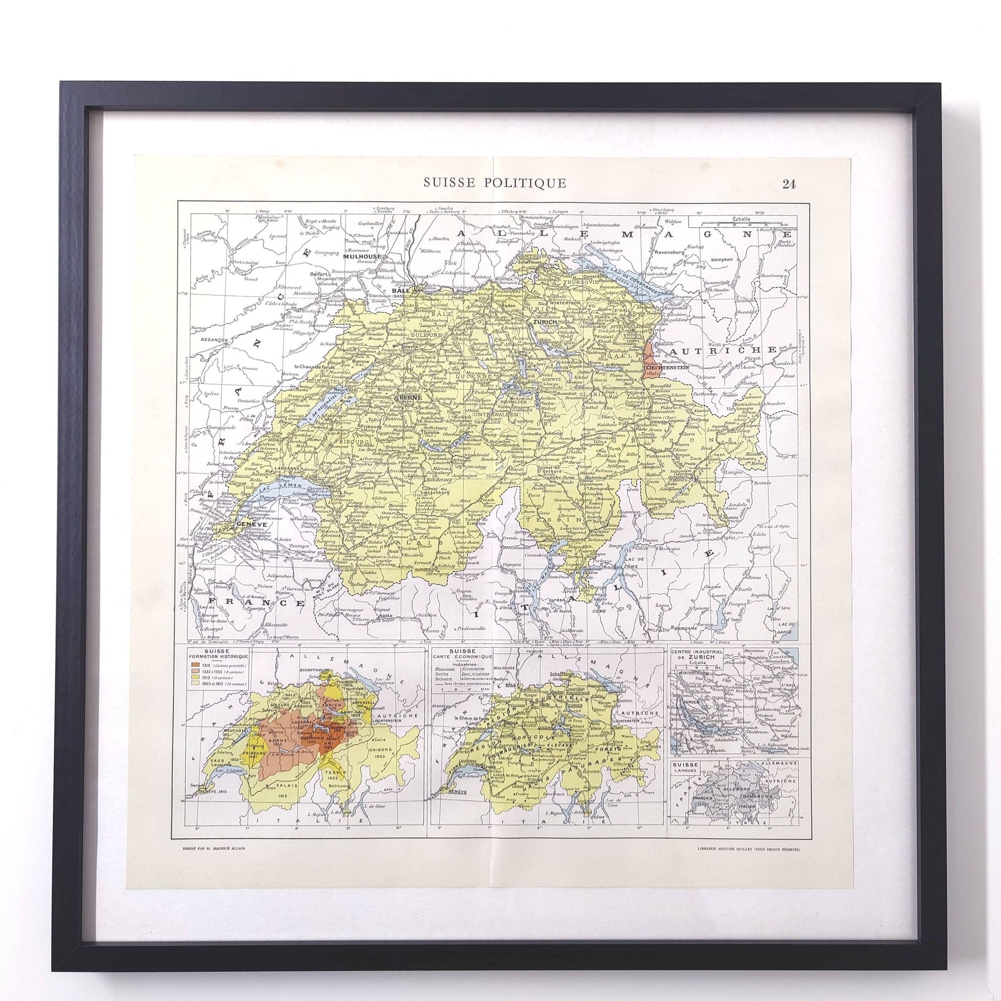 Vintage map of Switzerland in colour 43x43cm from 1950.