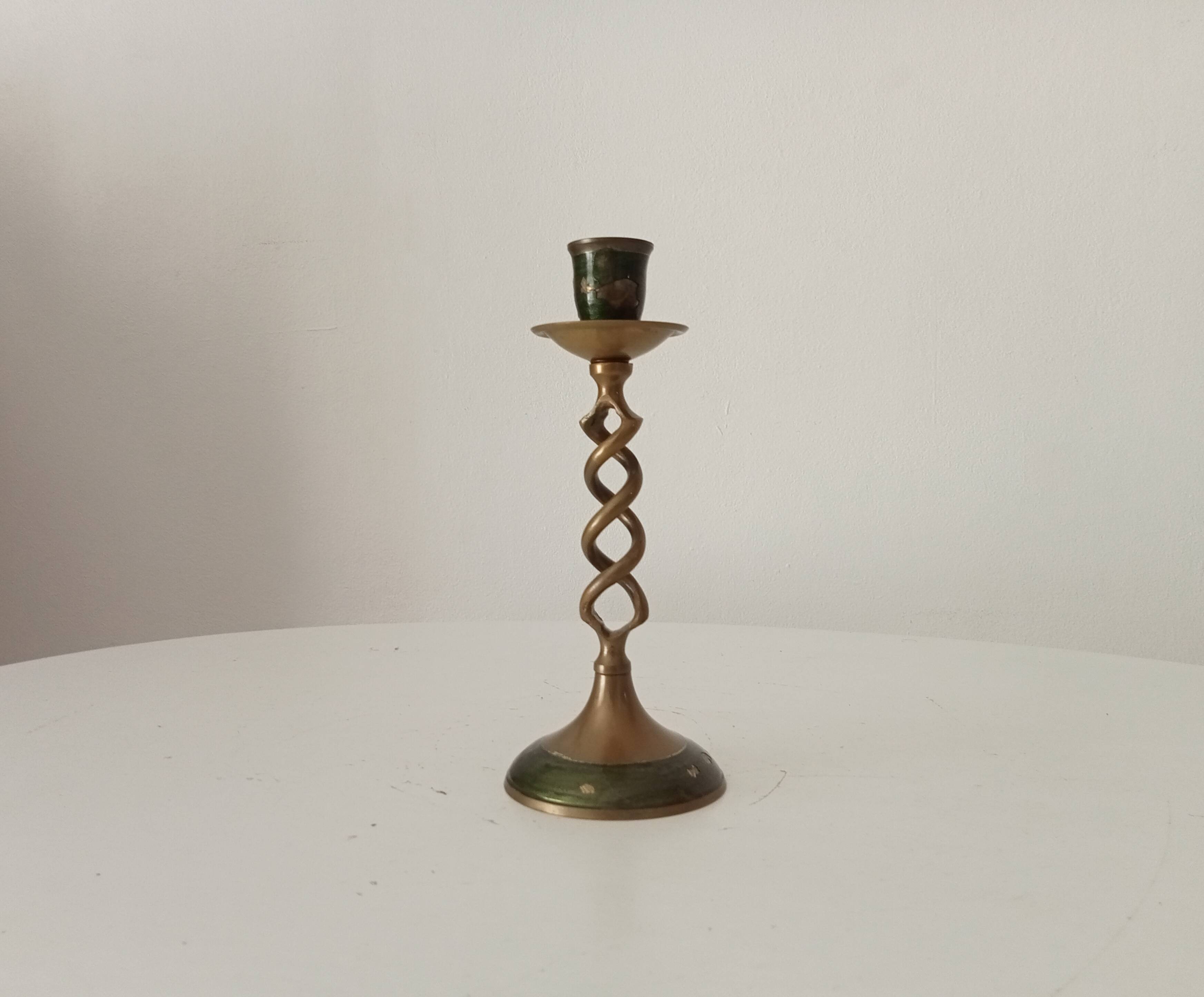Twisted vintage candlestick in enamelled solid brass