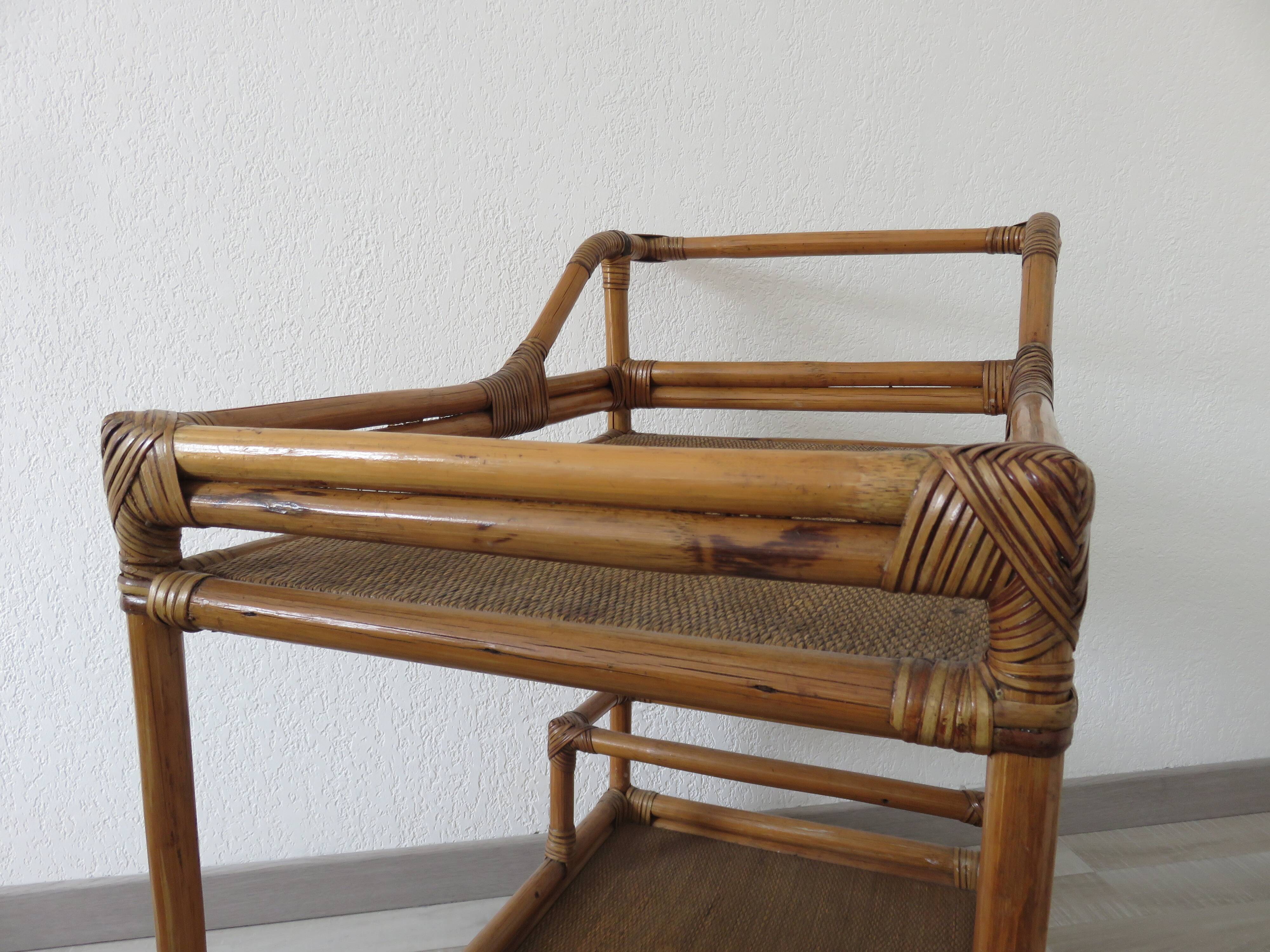 Rolling table, bamboo rattan service 70s