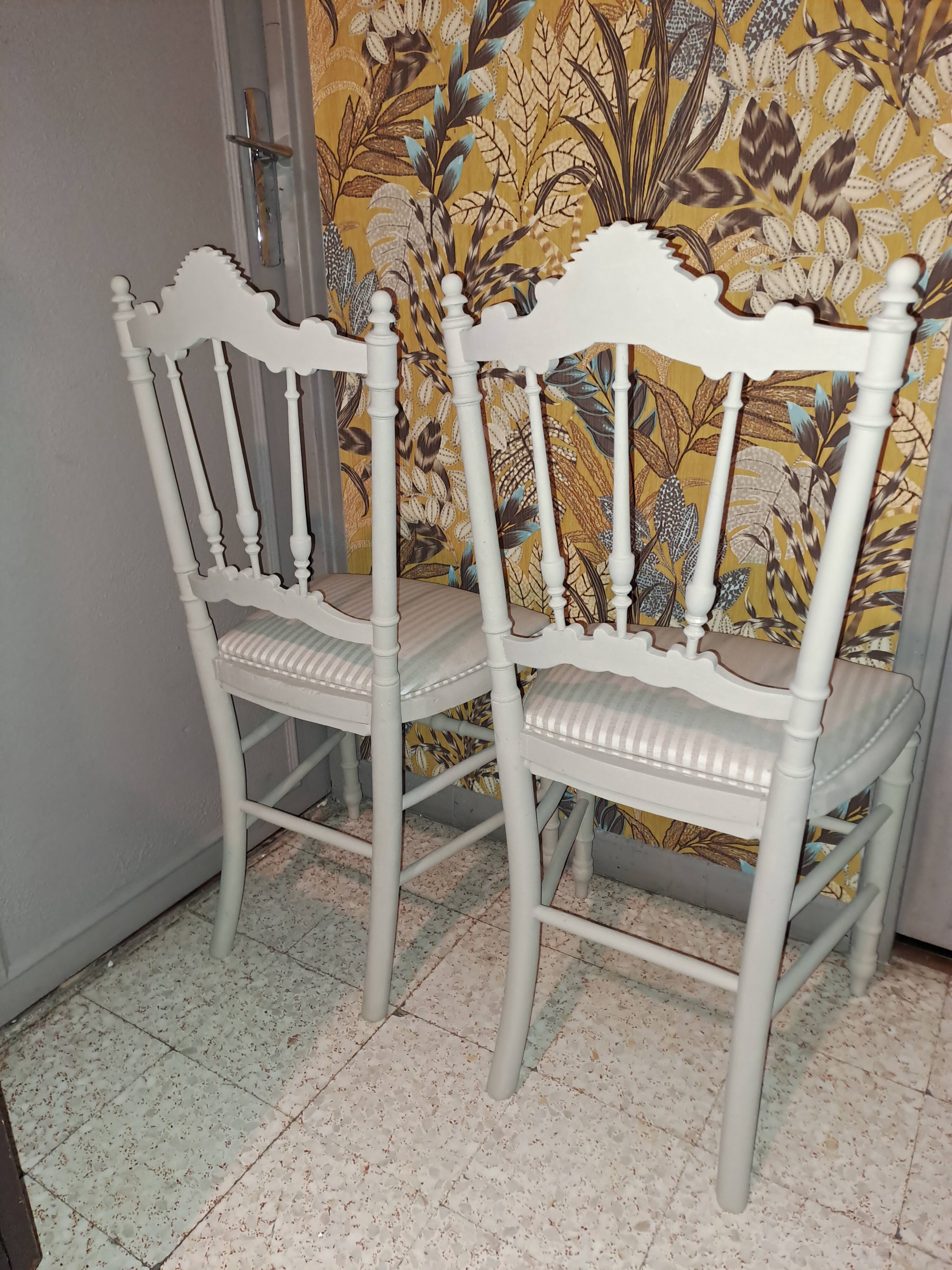 Lot of 2 empire style opera chairs redone in 19th century striped fabric, beige color