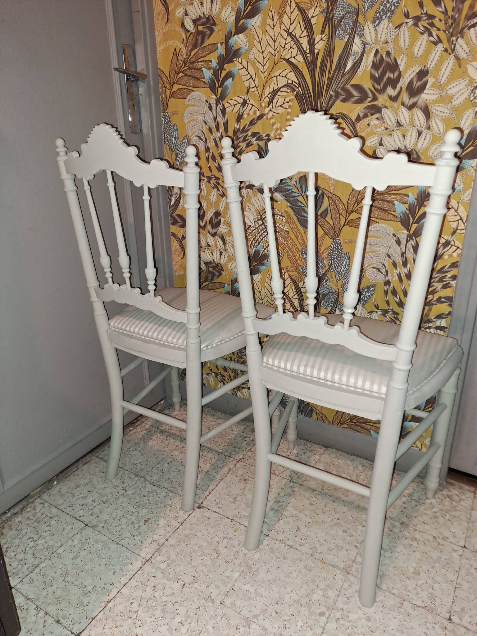 Lot of 2 empire style opera chairs redone in 19th century striped fabric, beige color