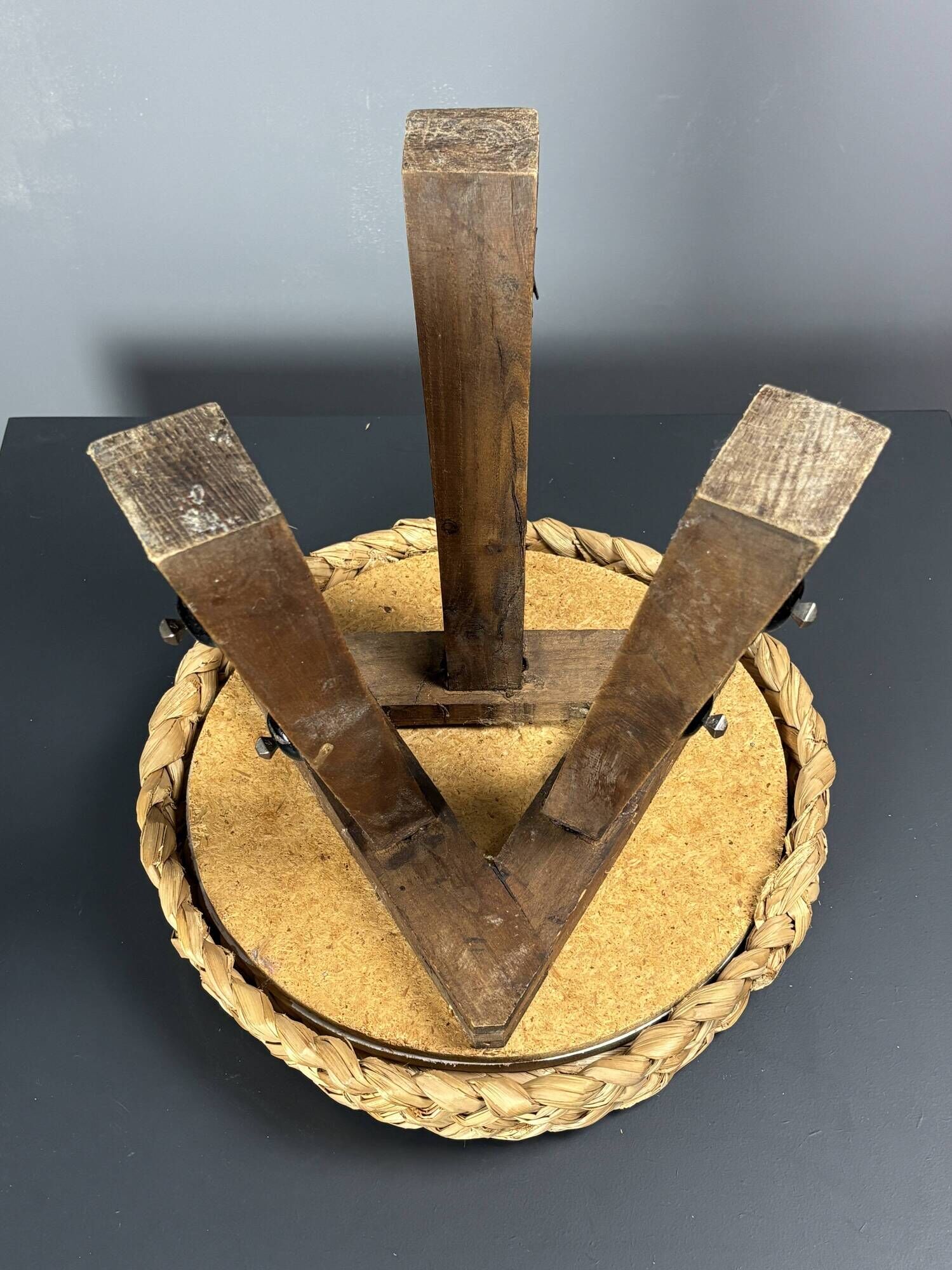 Midcentury braided rope tripod stool in the style of Audoux & Minet, 1950s