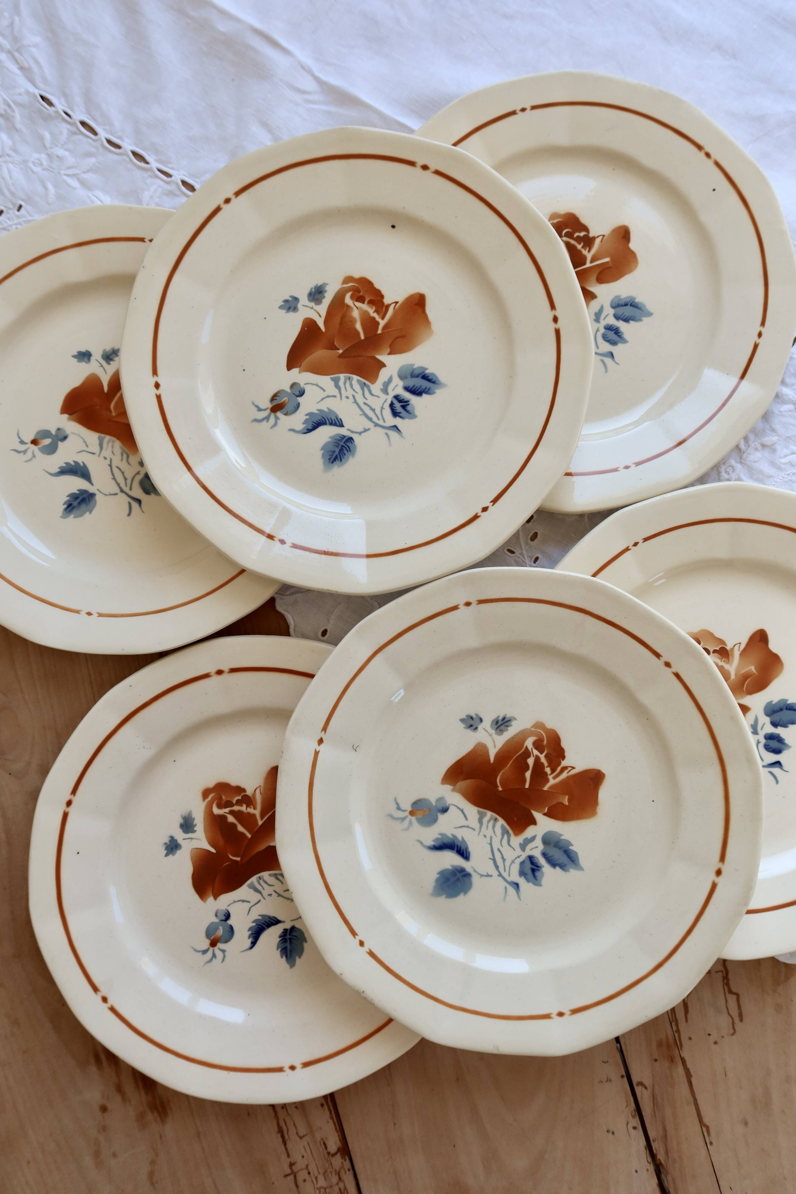 6 vintage flat plates from Sarreguemines - Rose pattern