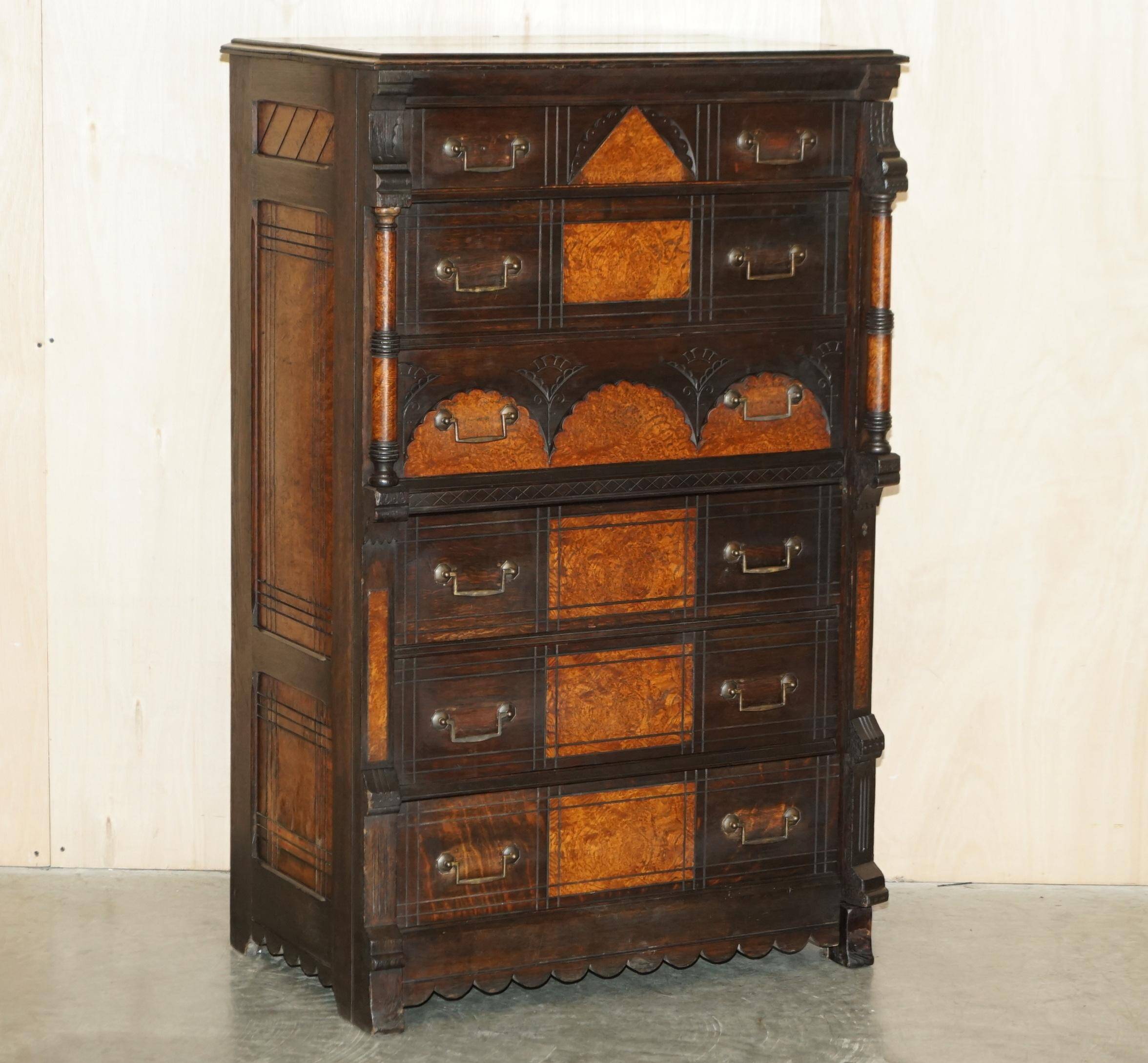 Victorian Wellington chest in figured elm by R Crosby & Son with 160 seal impressions.