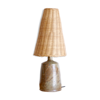 Gustave Tiffoche sandstone lamp, rattan lampshade, 1950