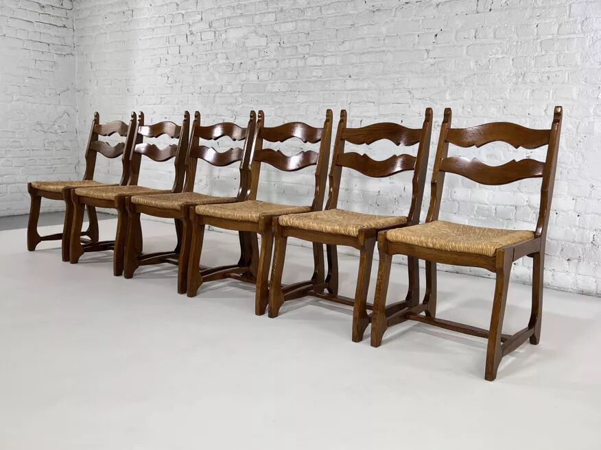 Set of 6 1950s chairs in wood and straw