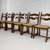 Set of 6 1950s chairs in wood and straw