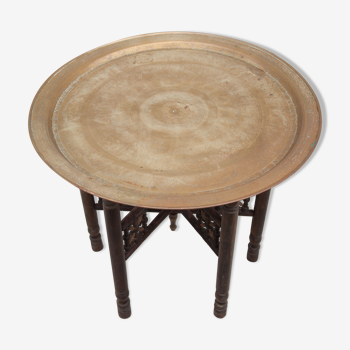 Table basse marocaine, table bois avec plateau laiton amovible, plateau laiton, table à thé, vintage