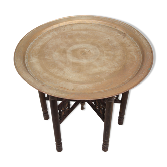 Table basse marocaine, table bois avec plateau laiton amovible, plateau laiton, table à thé, vintage