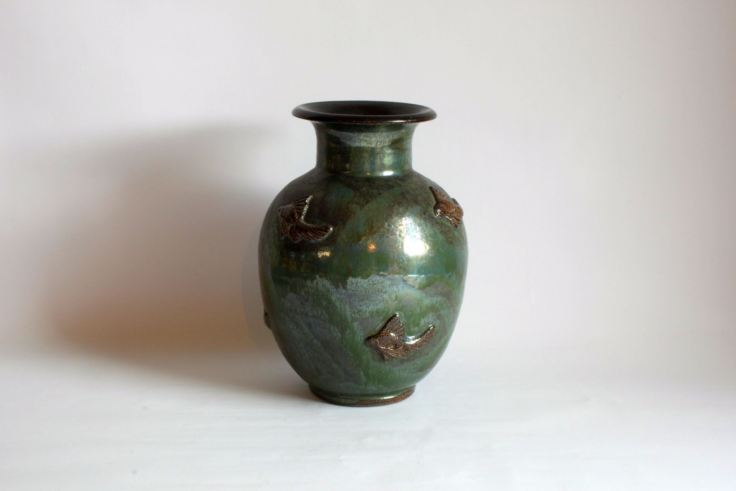 Art Deco Stoneware Vase with Fish Reliëf by Roger Guerin, Belgium, 1920s