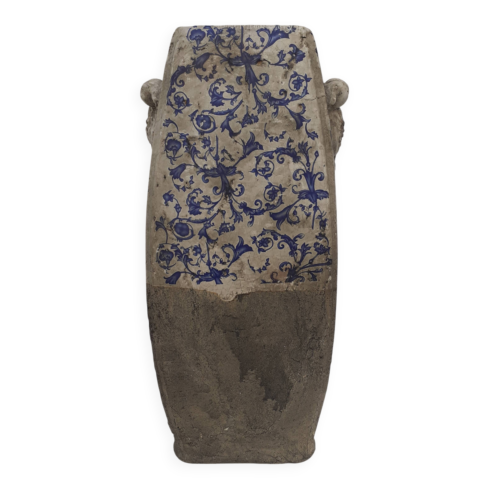 Vase with blue and white enamel on terracotta
