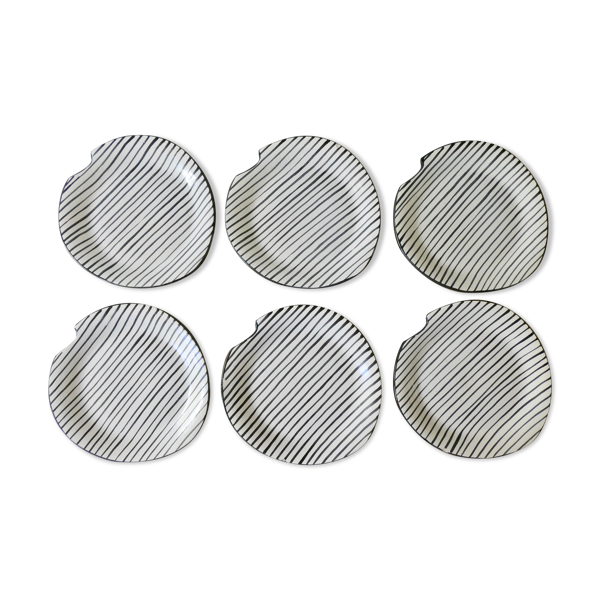 Set de 6 assiettes plates en céramique, forme libre, années 50