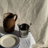 Set consisting of 6 beige flat plates with a blue rim + 3 deep plates.