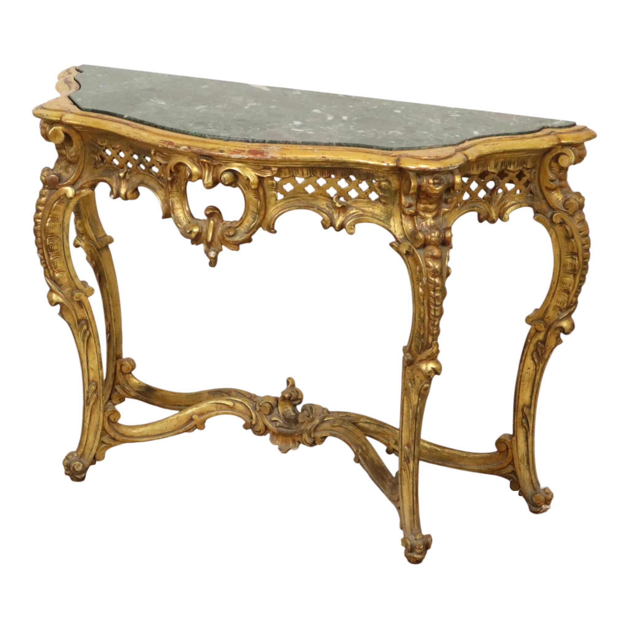 French Louis XV Style Console Gold Leaf Gilded Wood and Marble
