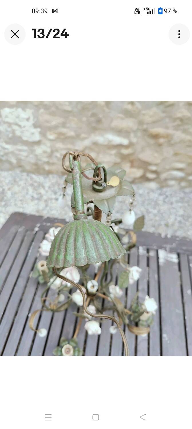 Italian cage chandelier decorated with ceramic roses and glass paste pendants