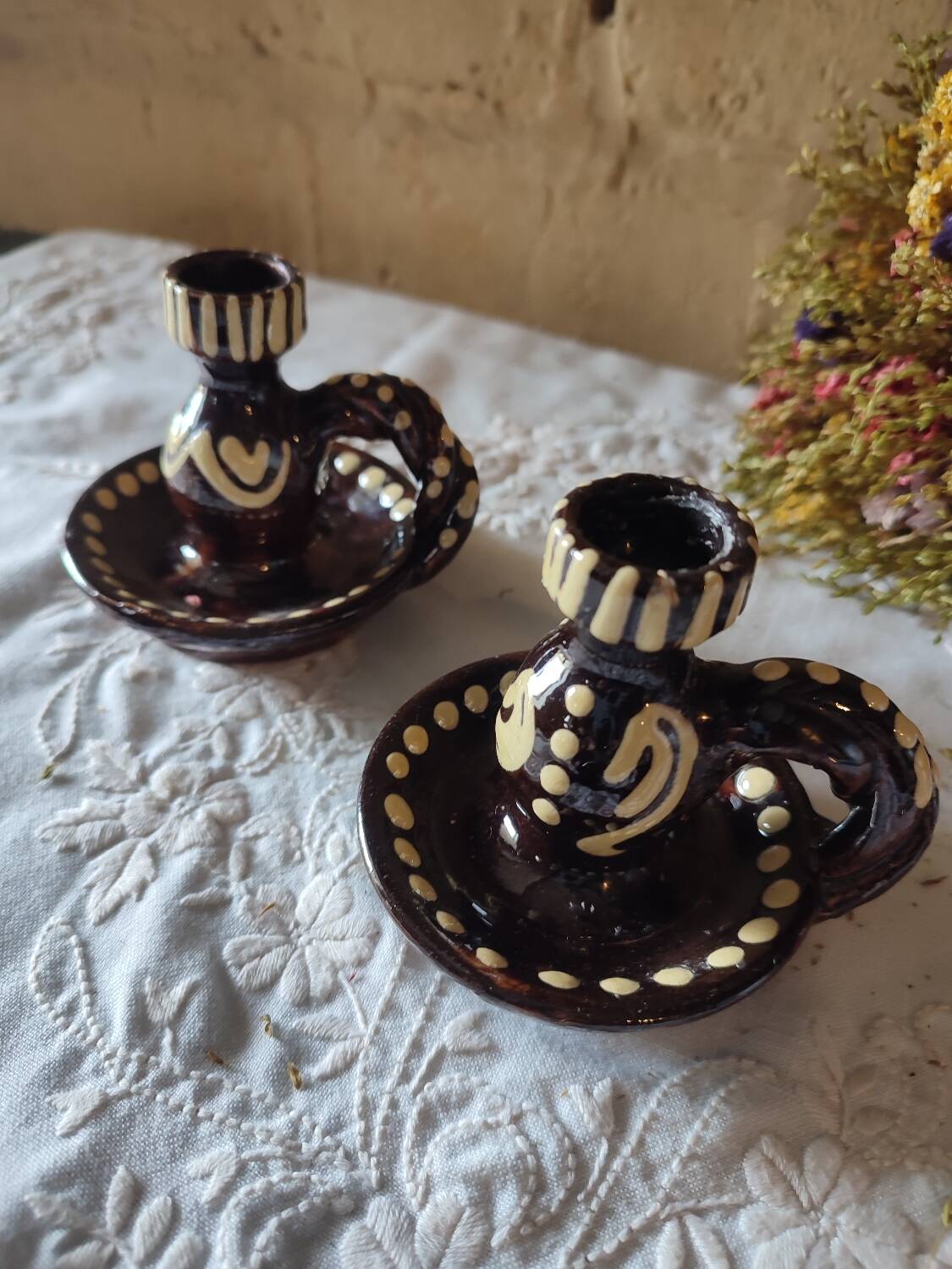 Duo of vintage ceramic candlesticks from Alsace, Obernai
