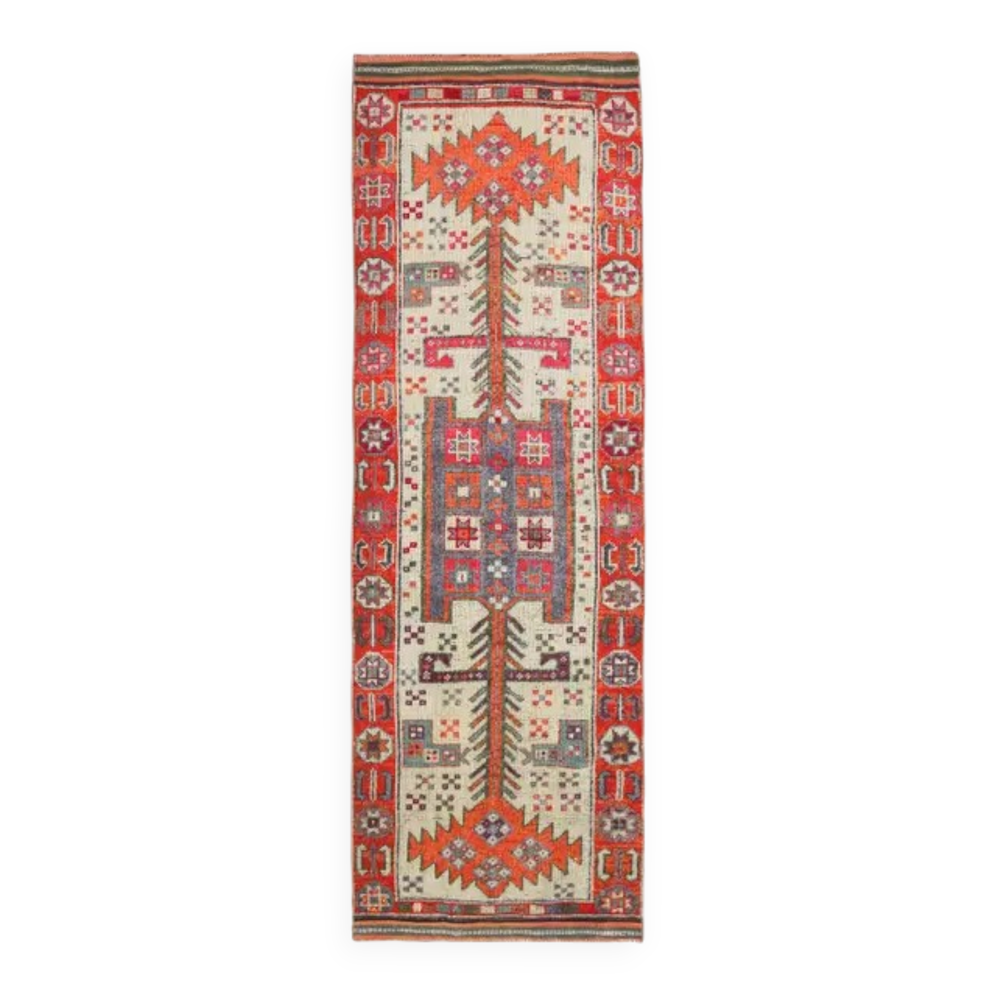 Vintage Turkish hand-knotted wool cotton beige runner rug  114x362