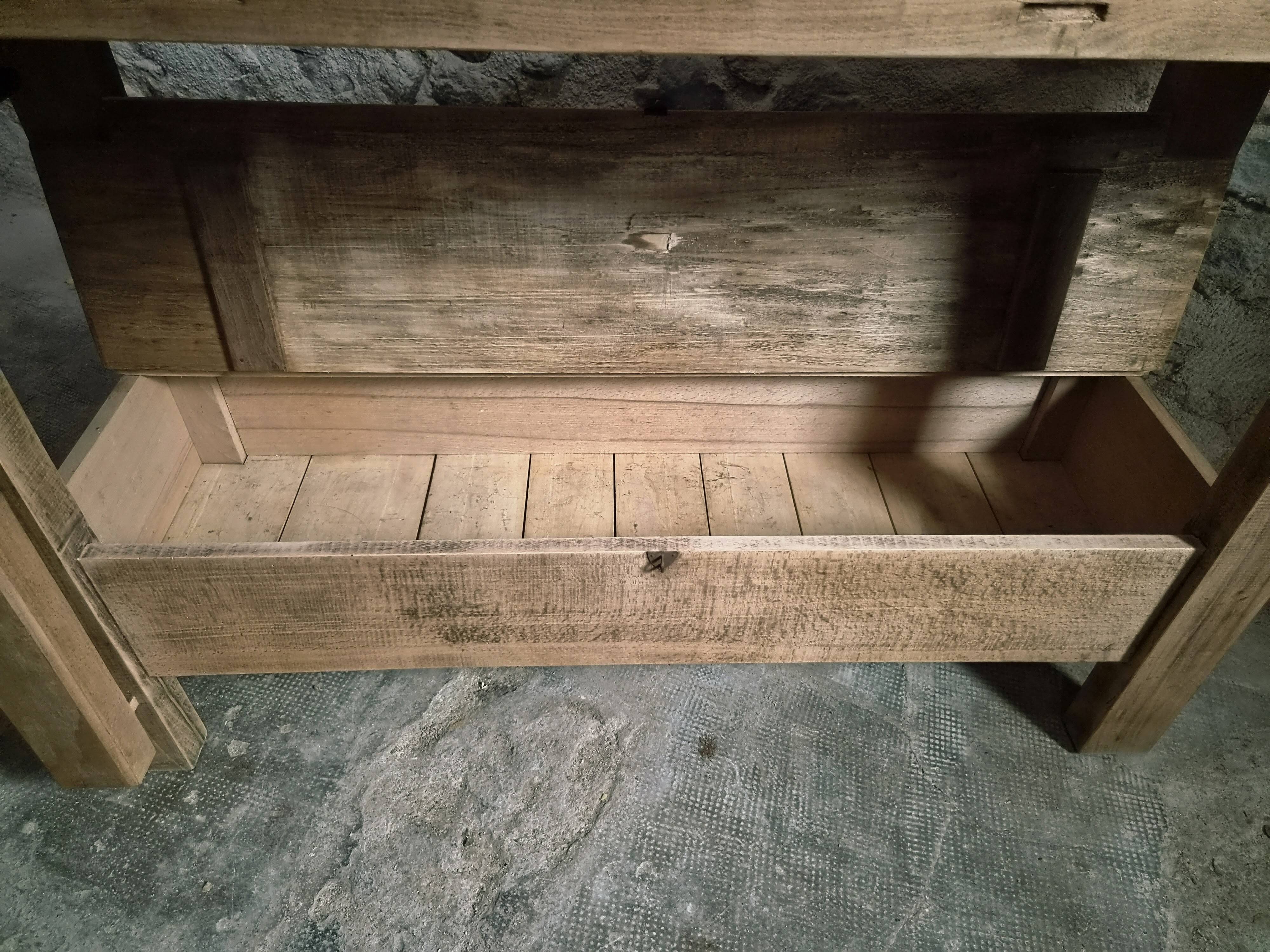 Vintage French beech side table, console, washbasin unit, industrial side table, circa 1950–1970.