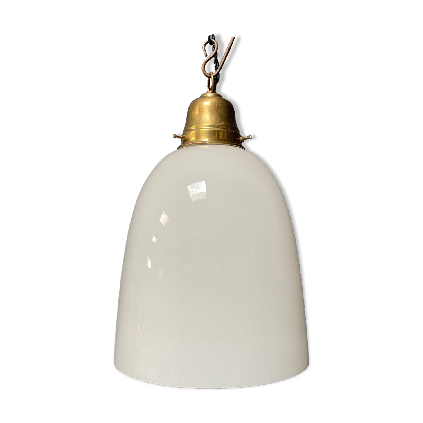 High opaline glass pendant lamp with brass fixture