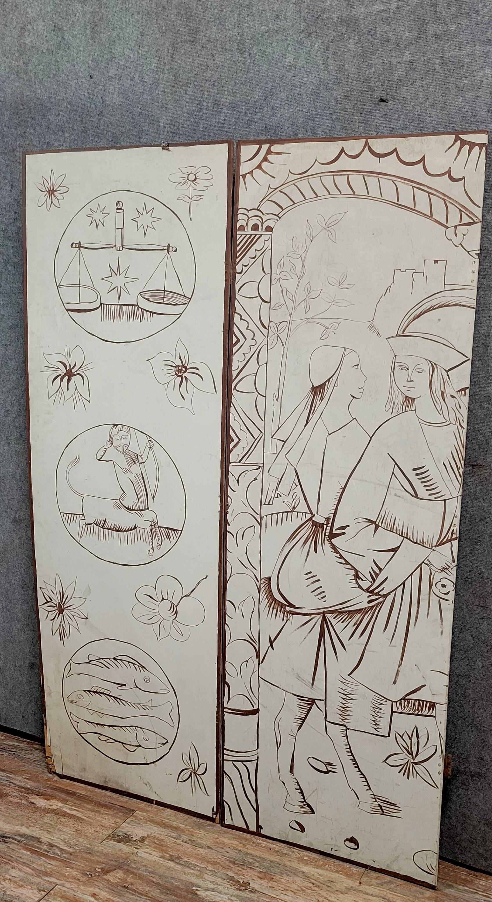 Two-leaf screen depicting a historical figure and symbols