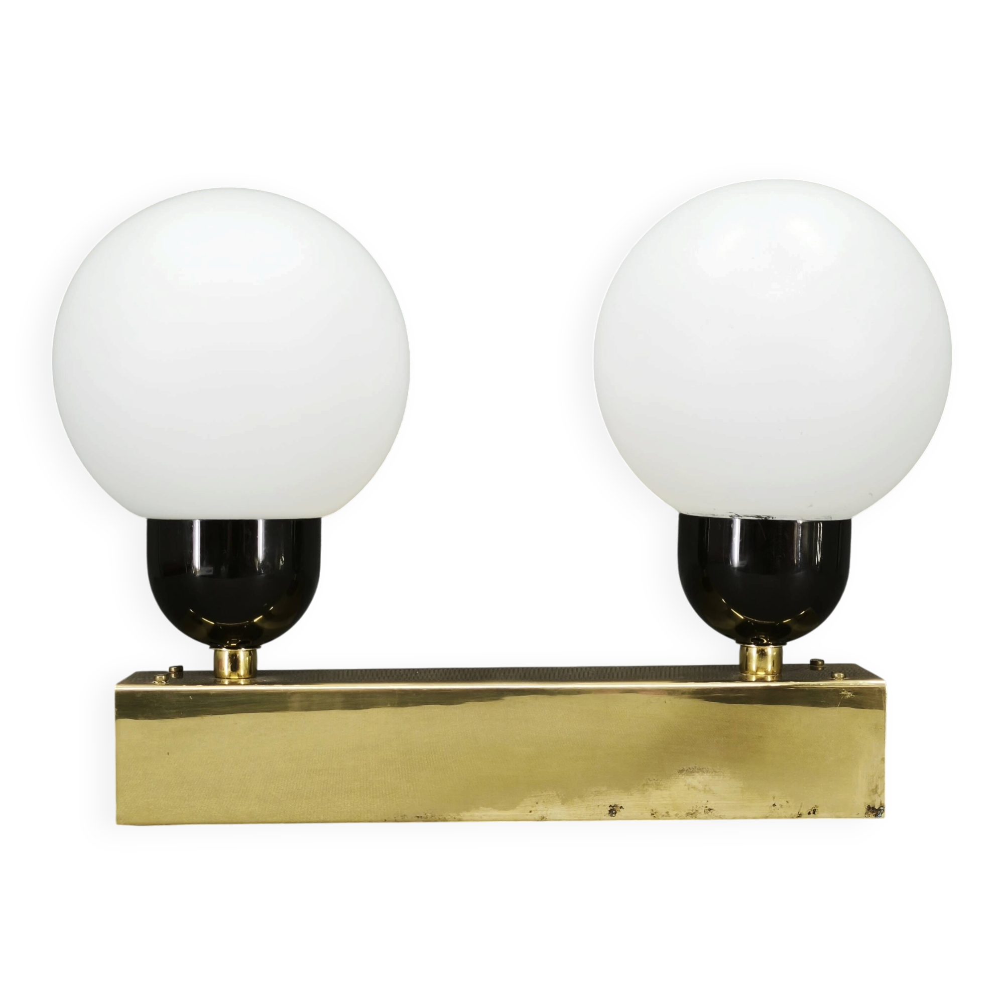 Kamenický Šenov Brass Double Globe Wall Light, Czechoslovakia, 1970s