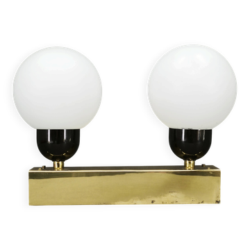 Kamenický Šenov Brass Double Globe Wall Light, Czechoslovakia, 1970s