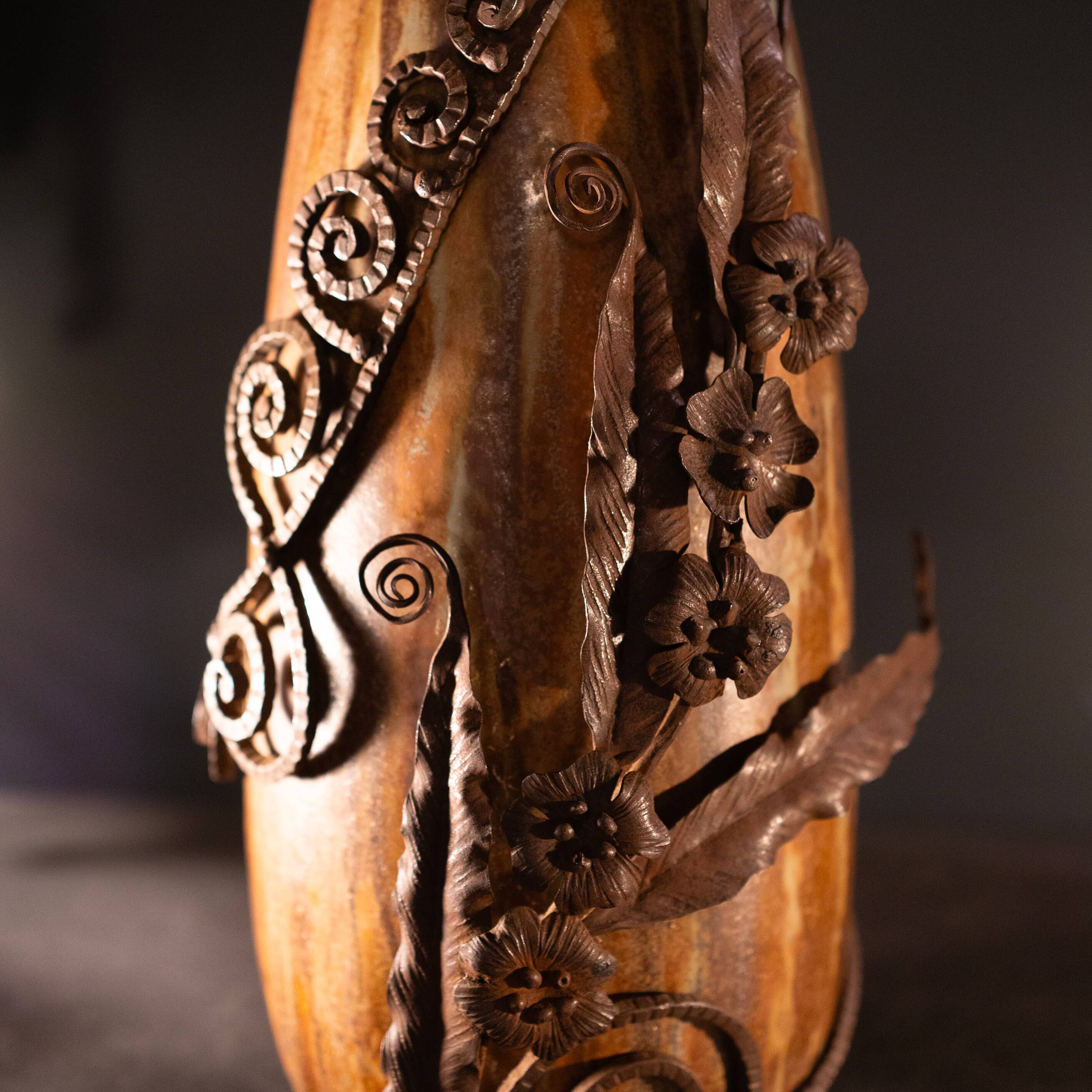 stoneware shell vase, wrought iron frame, roger guerin & francois carion, bouffioulx ca 1920