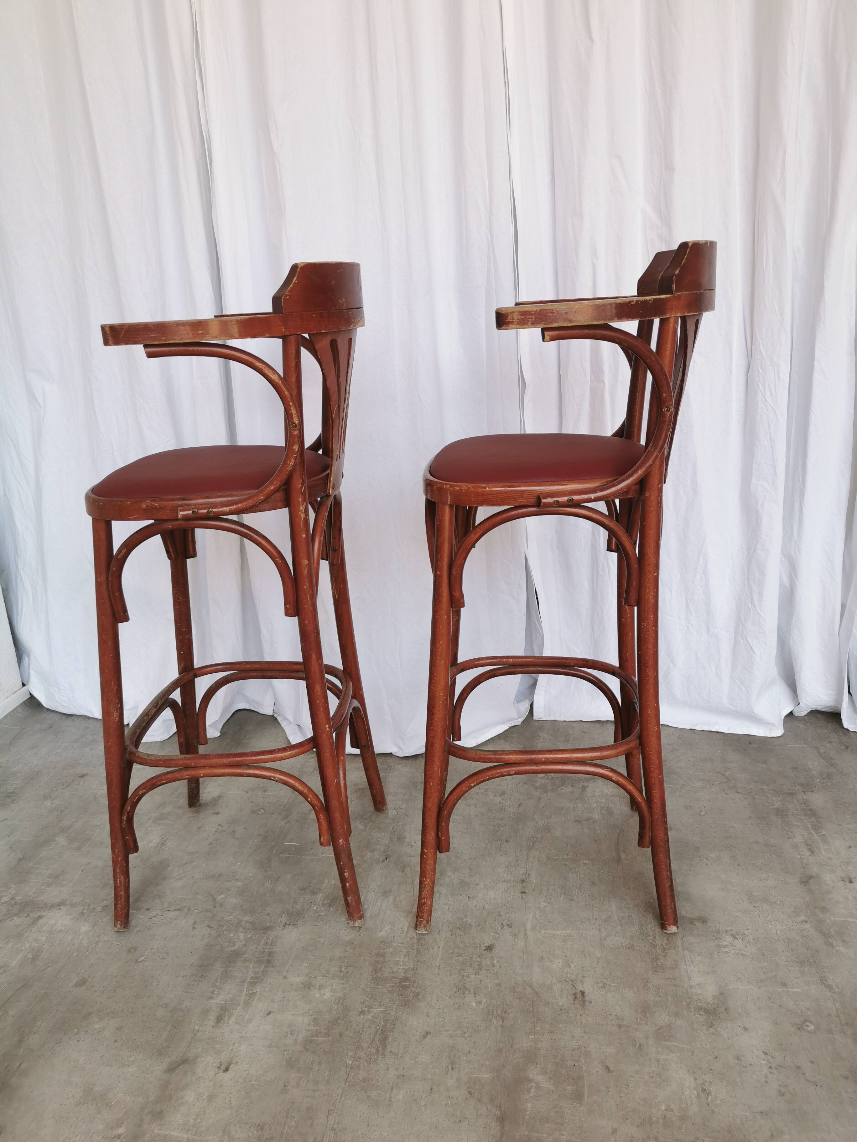 Set of 2 Vintage Bar Chairs: Red Leather Seat, High Pub Stools