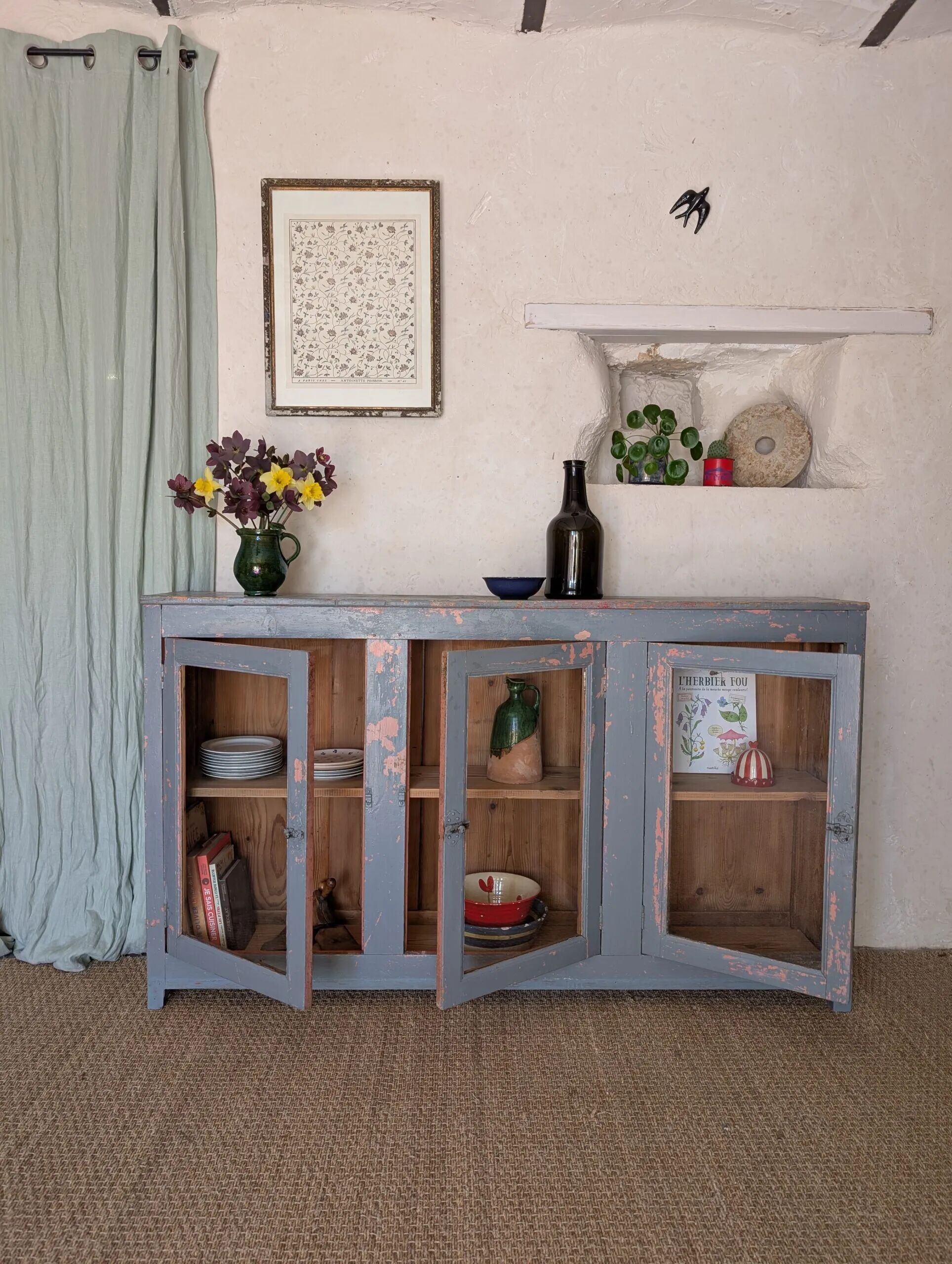 Glazed enfilade antique workbench – blue patina