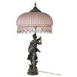 Art Nouveau style lamp with bronze sculpture and glass shade