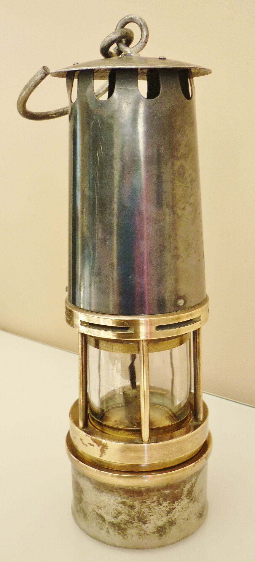 Old miner's lamp, thick glass, brass, metal