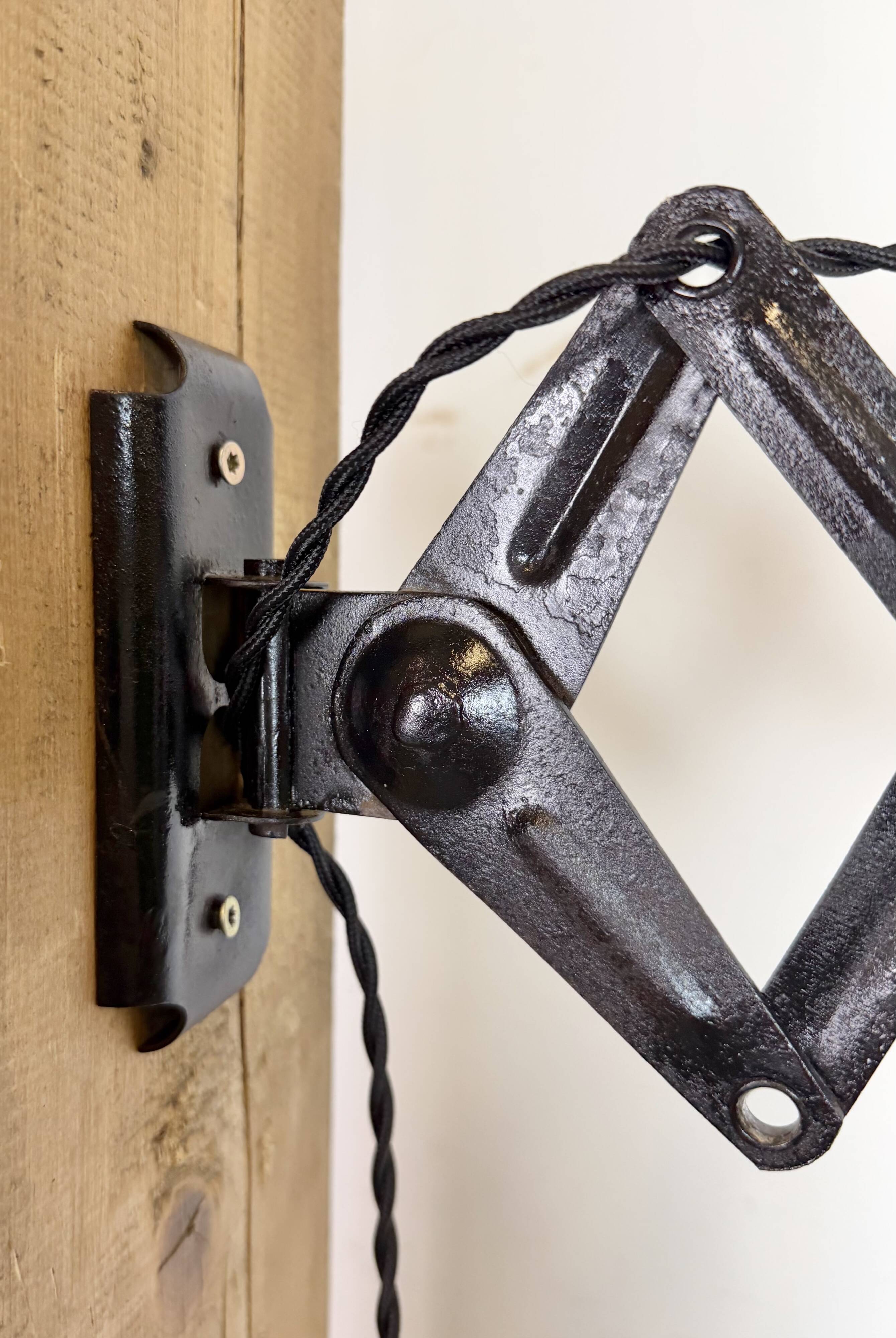 Industrial Black Enamel Scissor Wall Lamp, 1930s