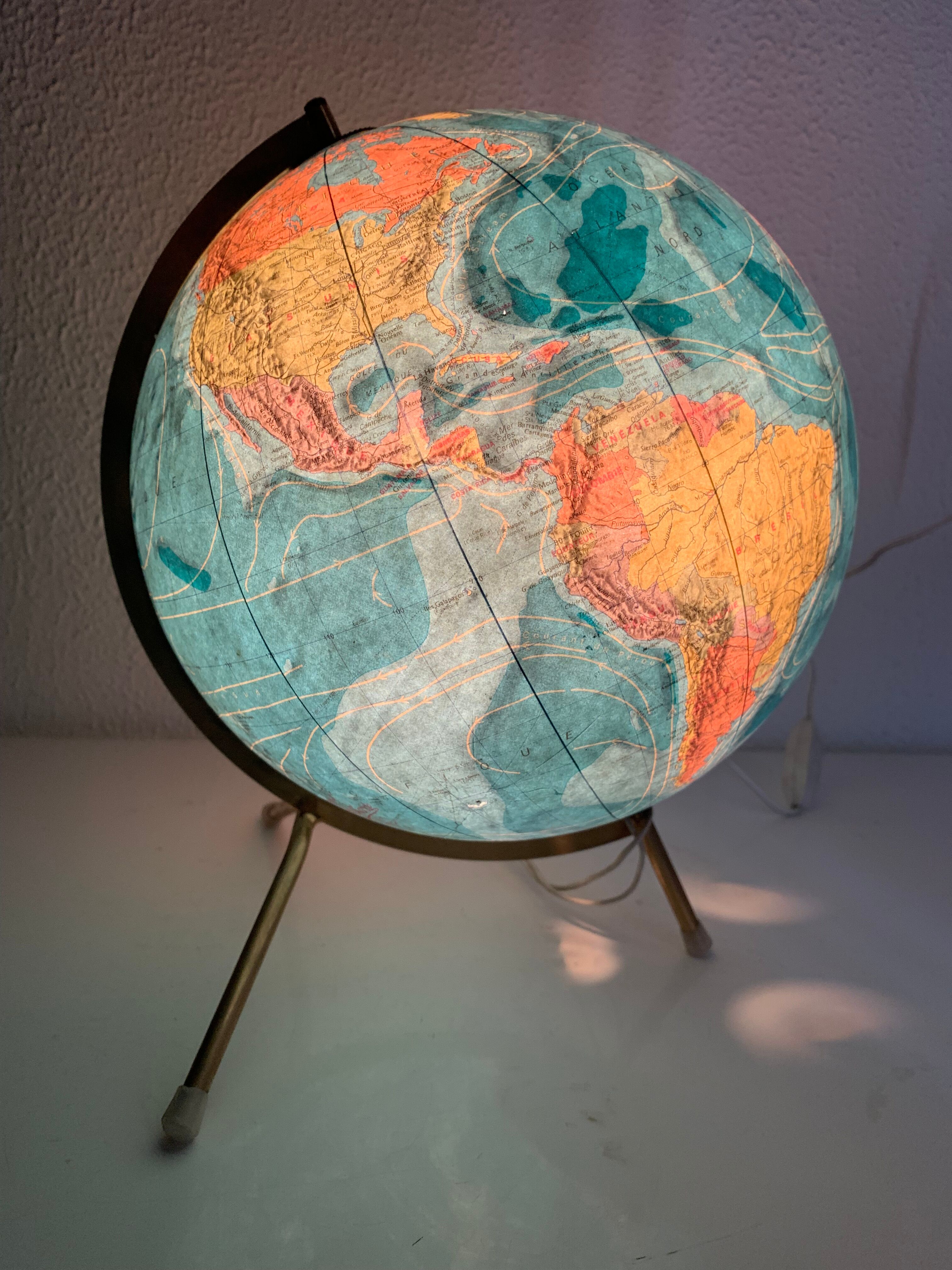 Globe vintage 1975 terrestre verre tripode doré Taride