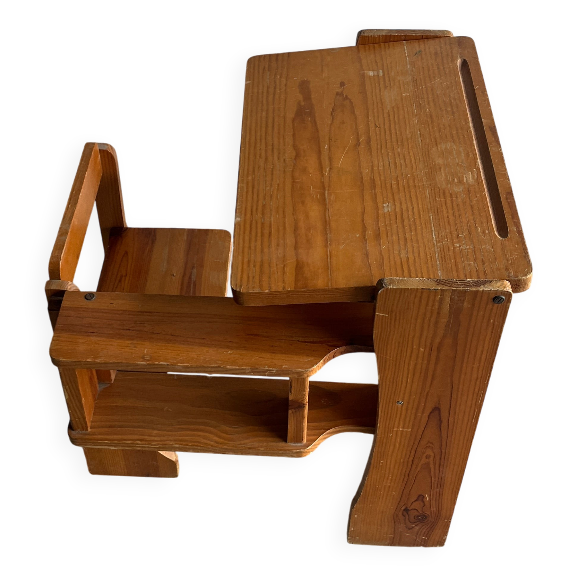 Vintage wooden folding school desk with bench – 1960s