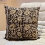 Coussin block print fleurs “jardin indien” - Brun/Jaune
