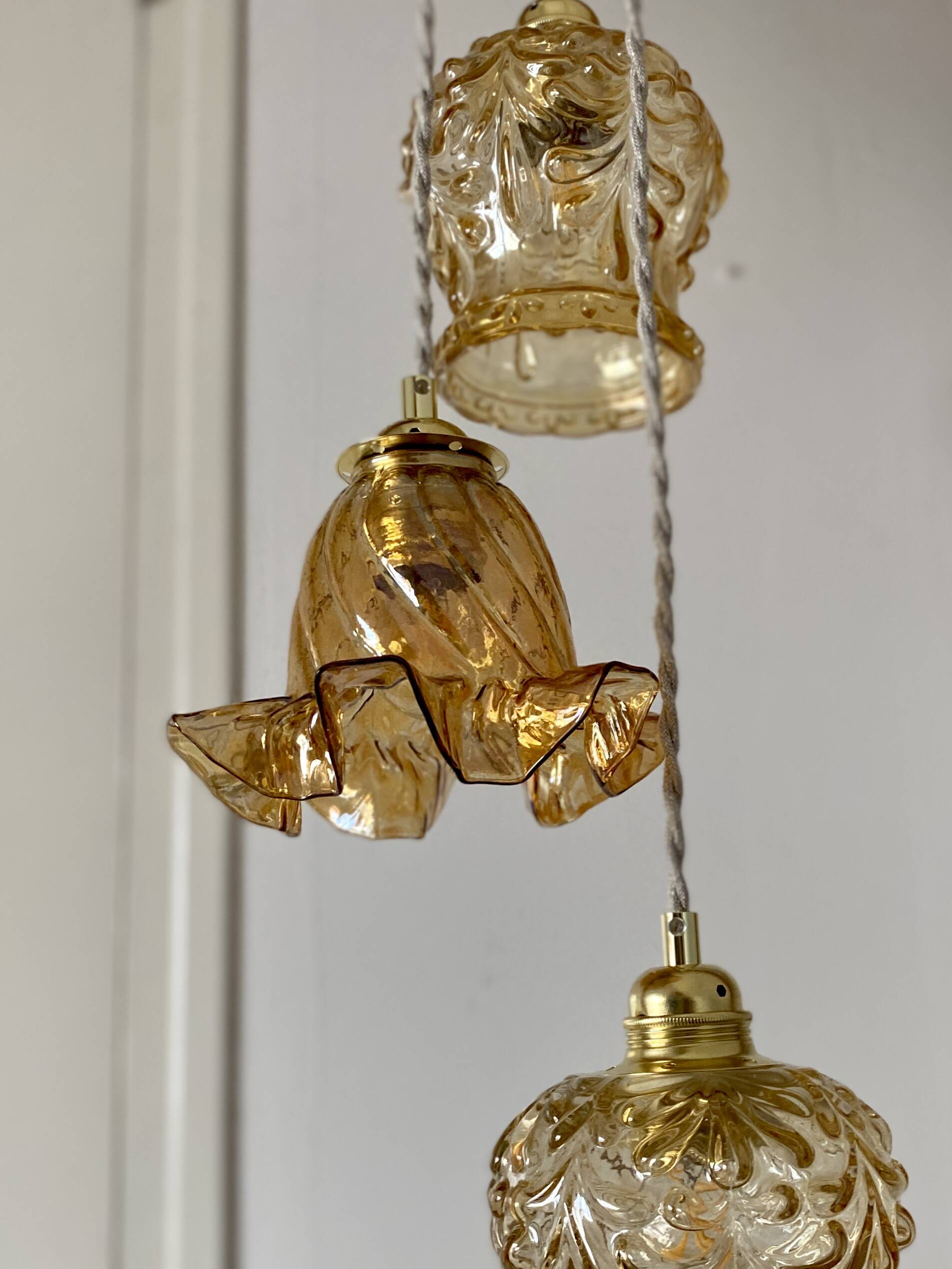Vintage triple globe waterfall pendant light in amber glass