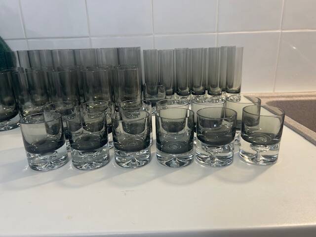 Set of black smoked glasses with large bubbles from the 1970s.