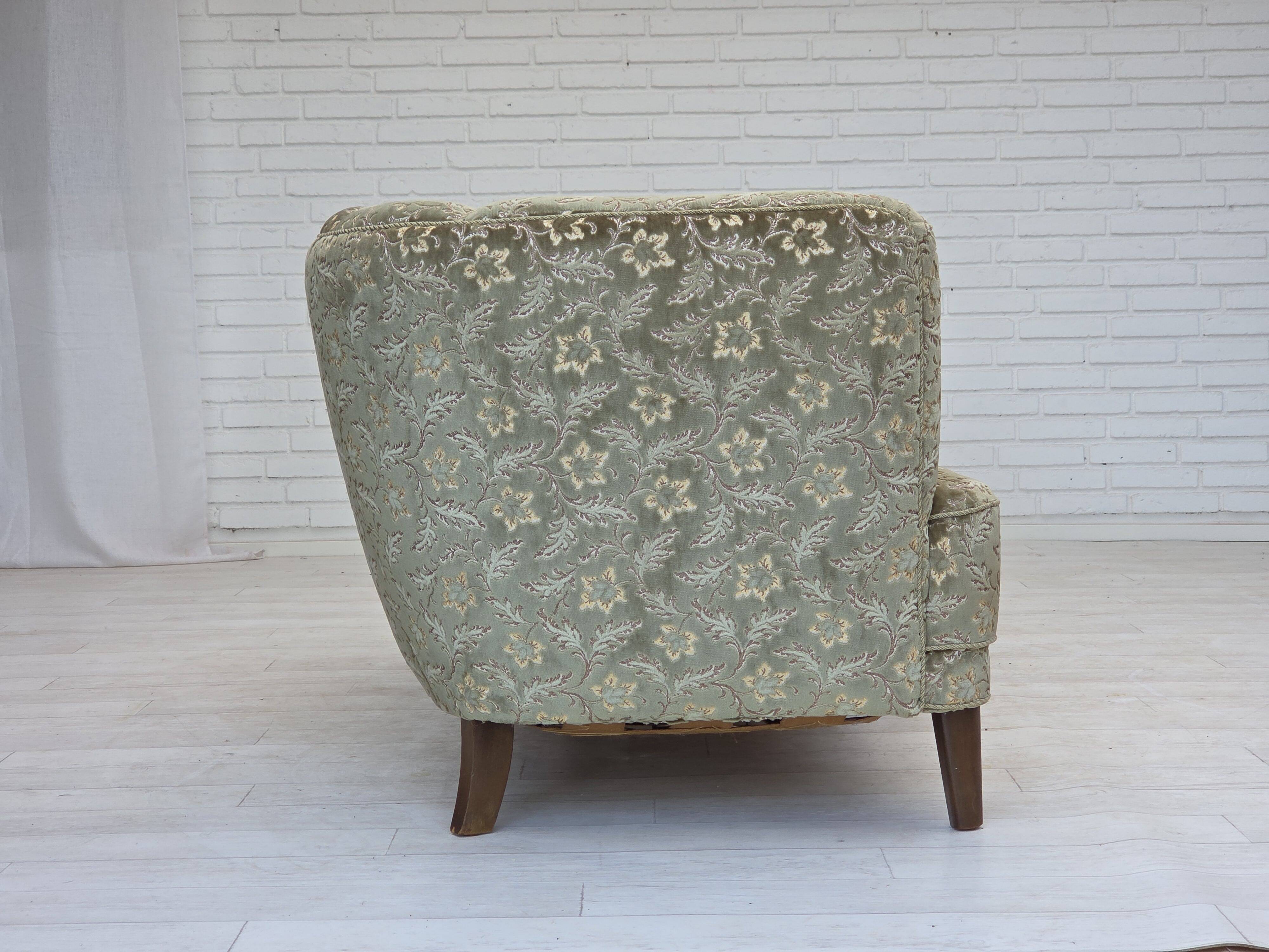 1960s, Danish 3-seater curved sofa, furniture velour, beech wood legs.