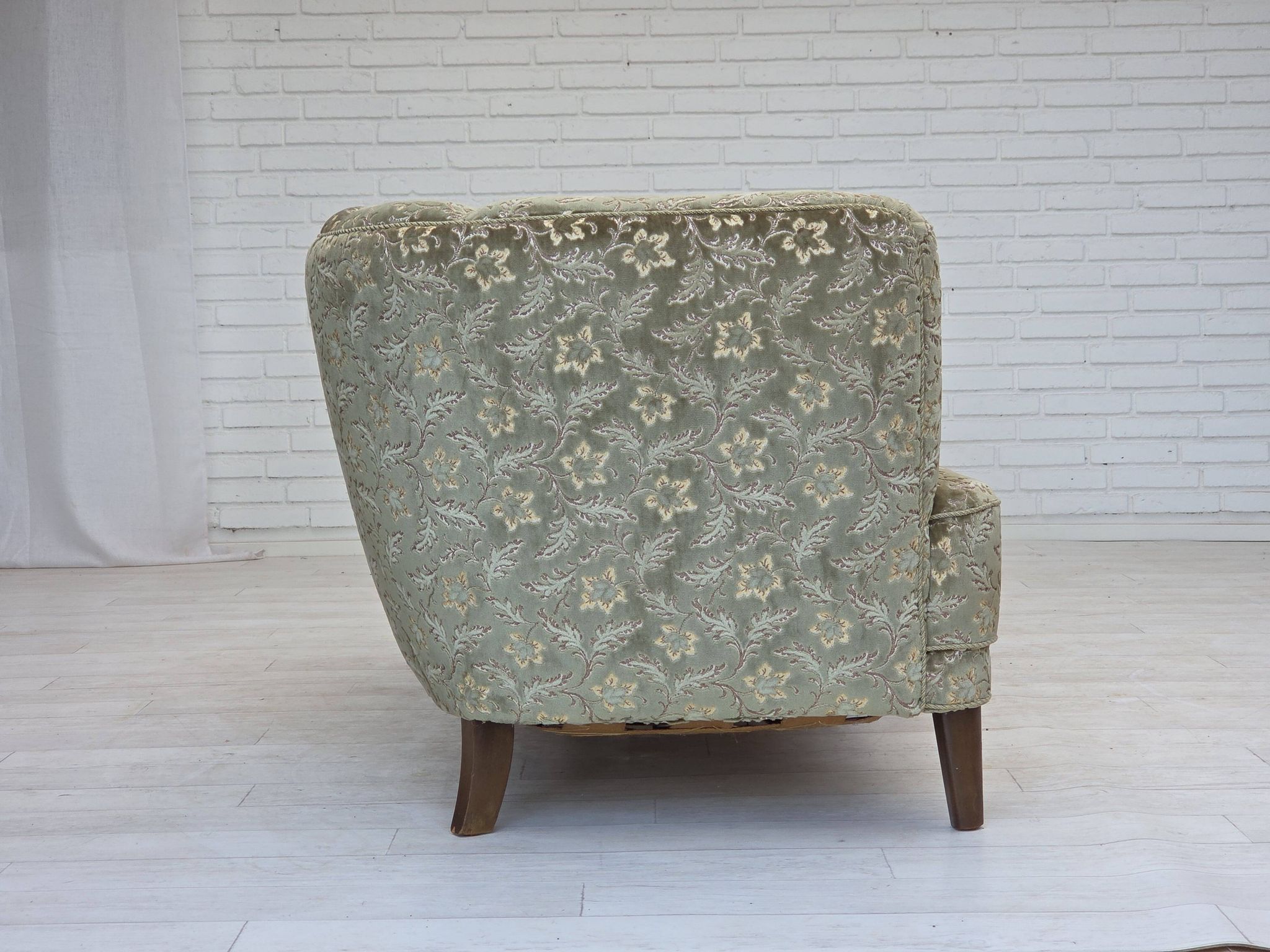 1960s, Danish 3-seater curved sofa, furniture velour, beech wood legs.