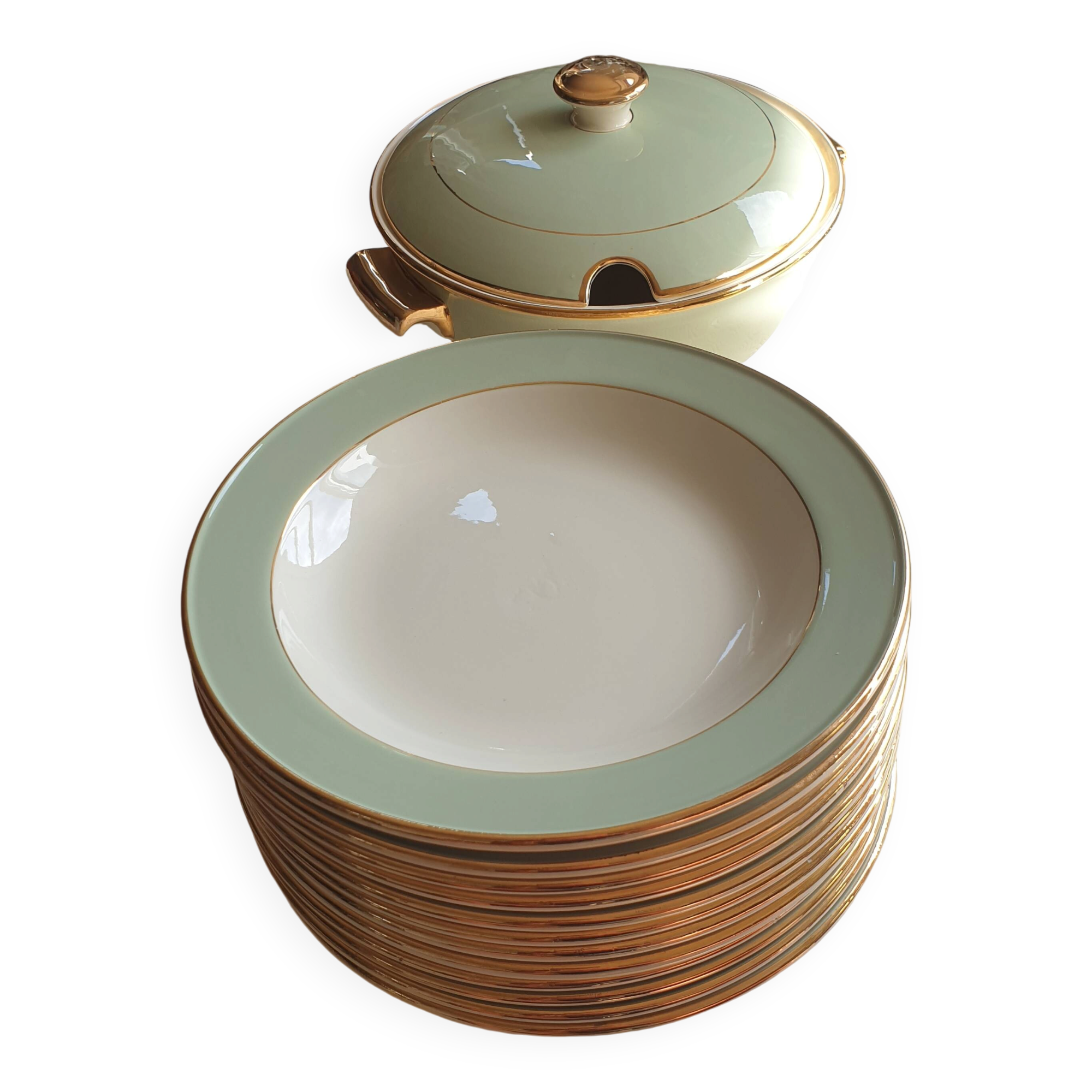 Vintage soup service in celadon green and ivory by villeroy & boch.