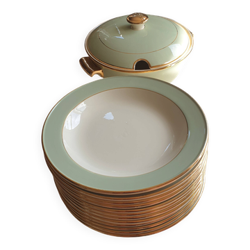 Vintage soup service in celadon green and ivory by villeroy & boch.