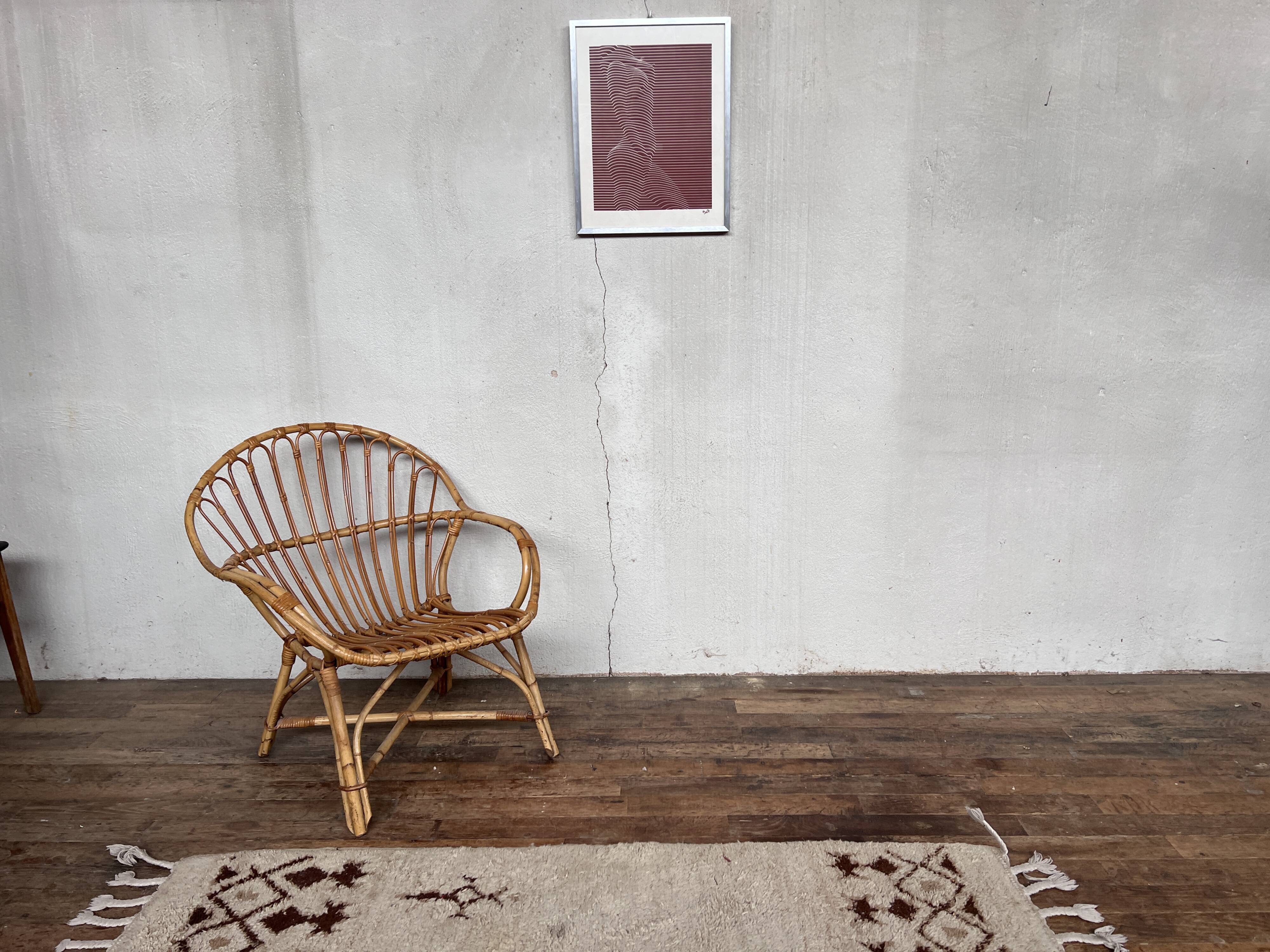 Fauteuil bohème shabby chic en rotin bambou 1950