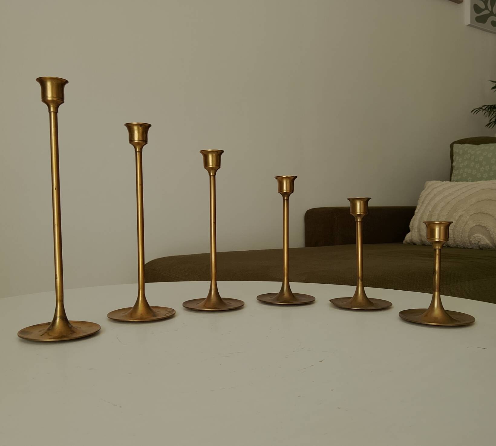 Set of 6 Scandinavian brass candle holders from the 1960s.