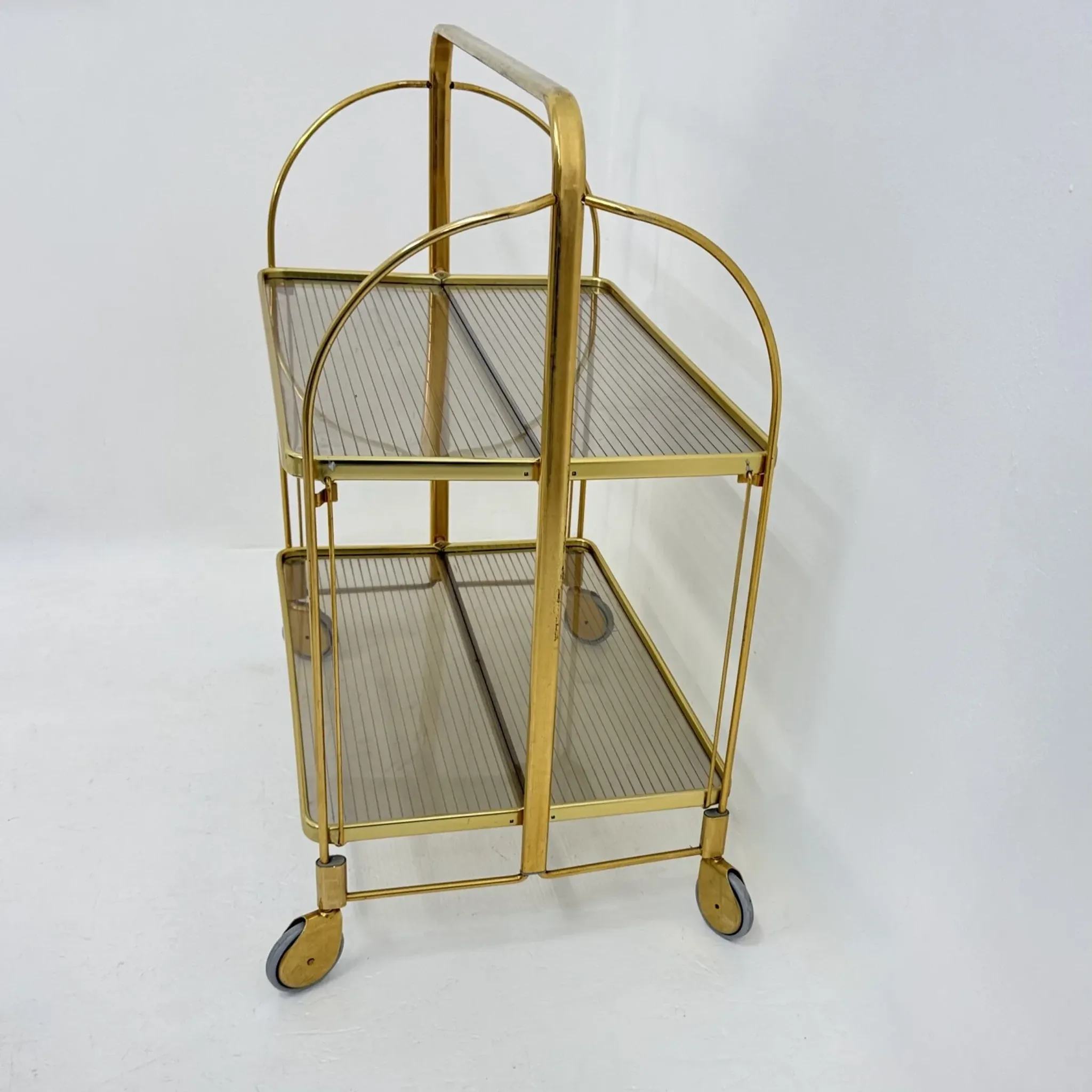 Mid-century modern folding bar cart in brass and ribbed acrylic glass, 1970s