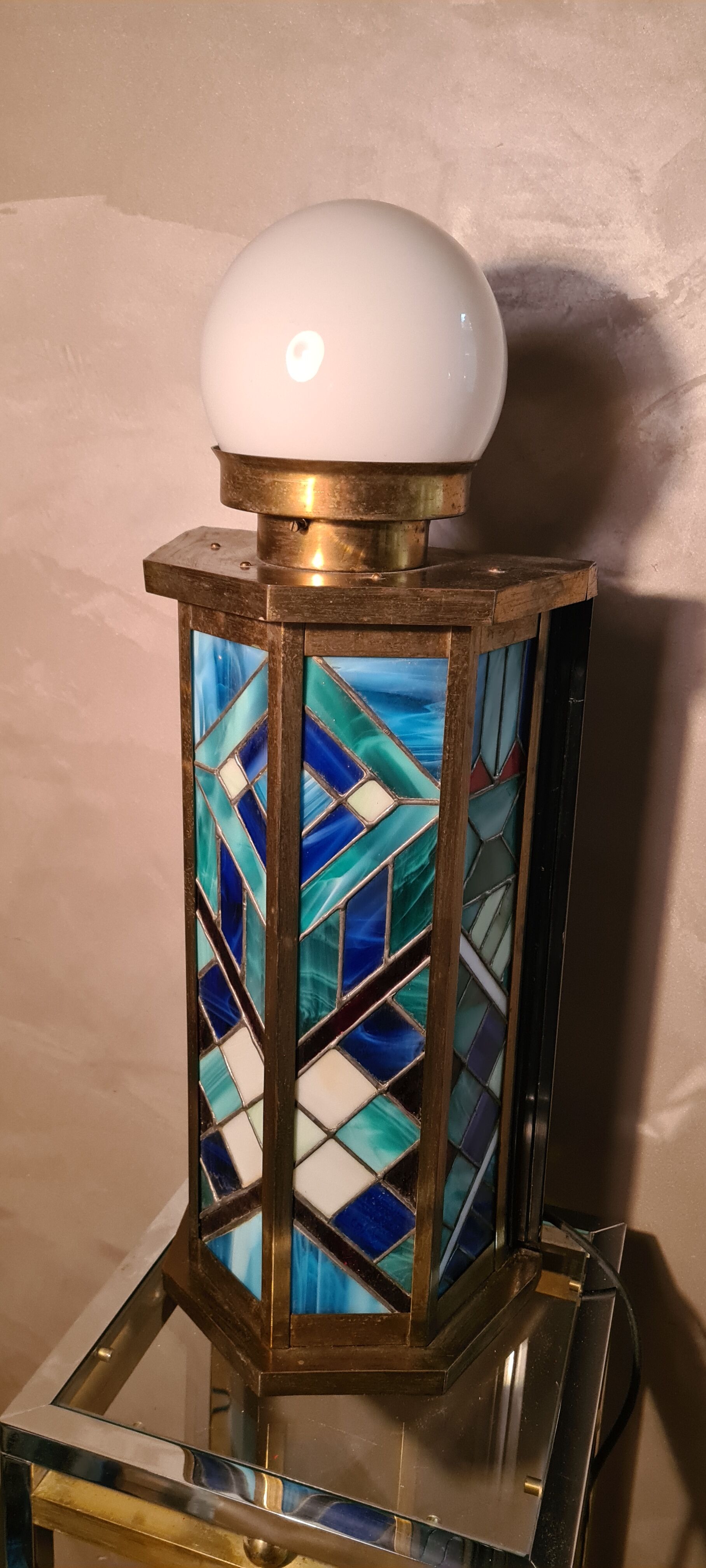 Stained glass lamp, art deco brass frame, 60x30