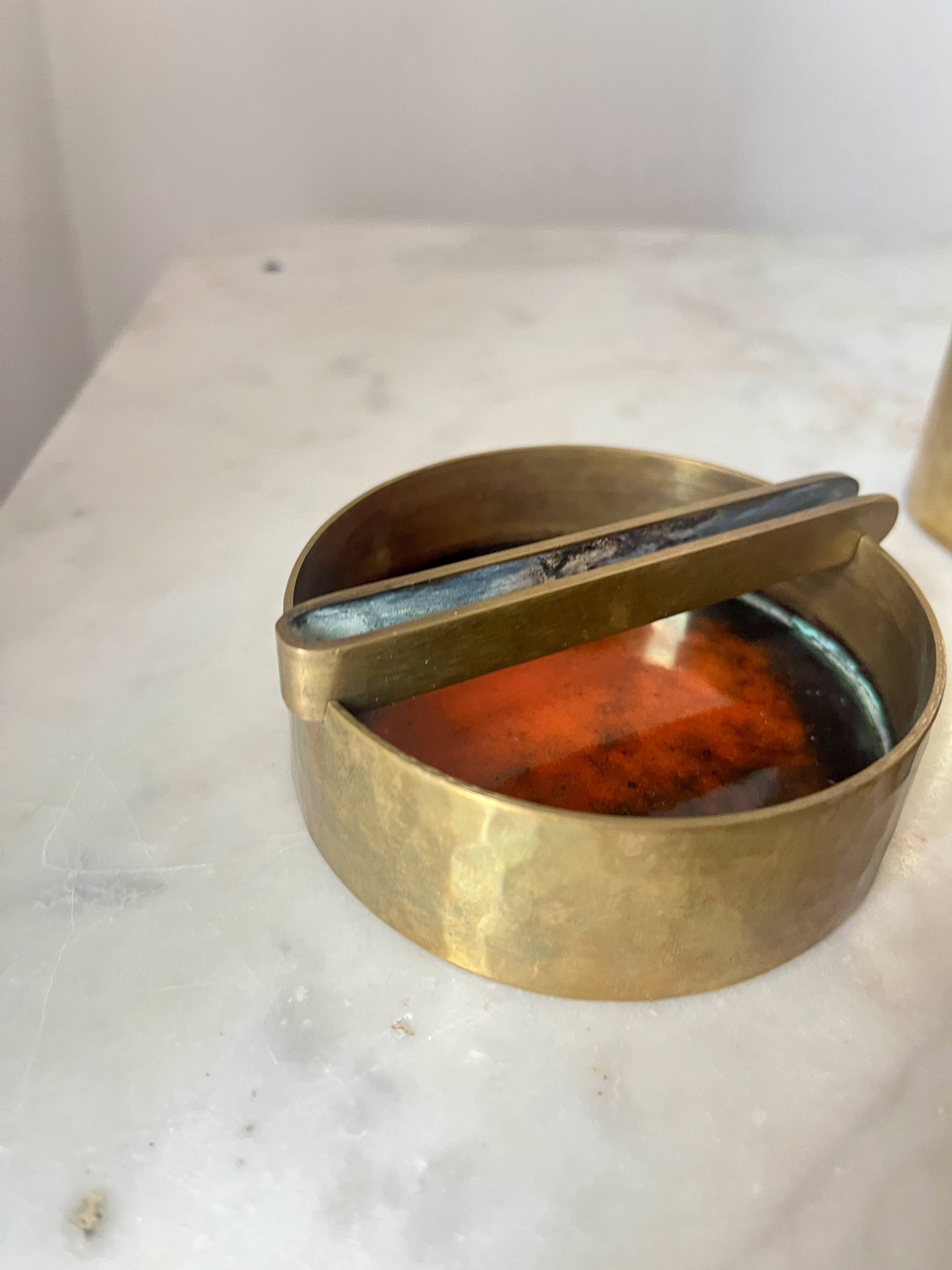 Vintage Red Enamelled Bronze Set, Ashtray, Candle Holder & Lidded Jar, 50s