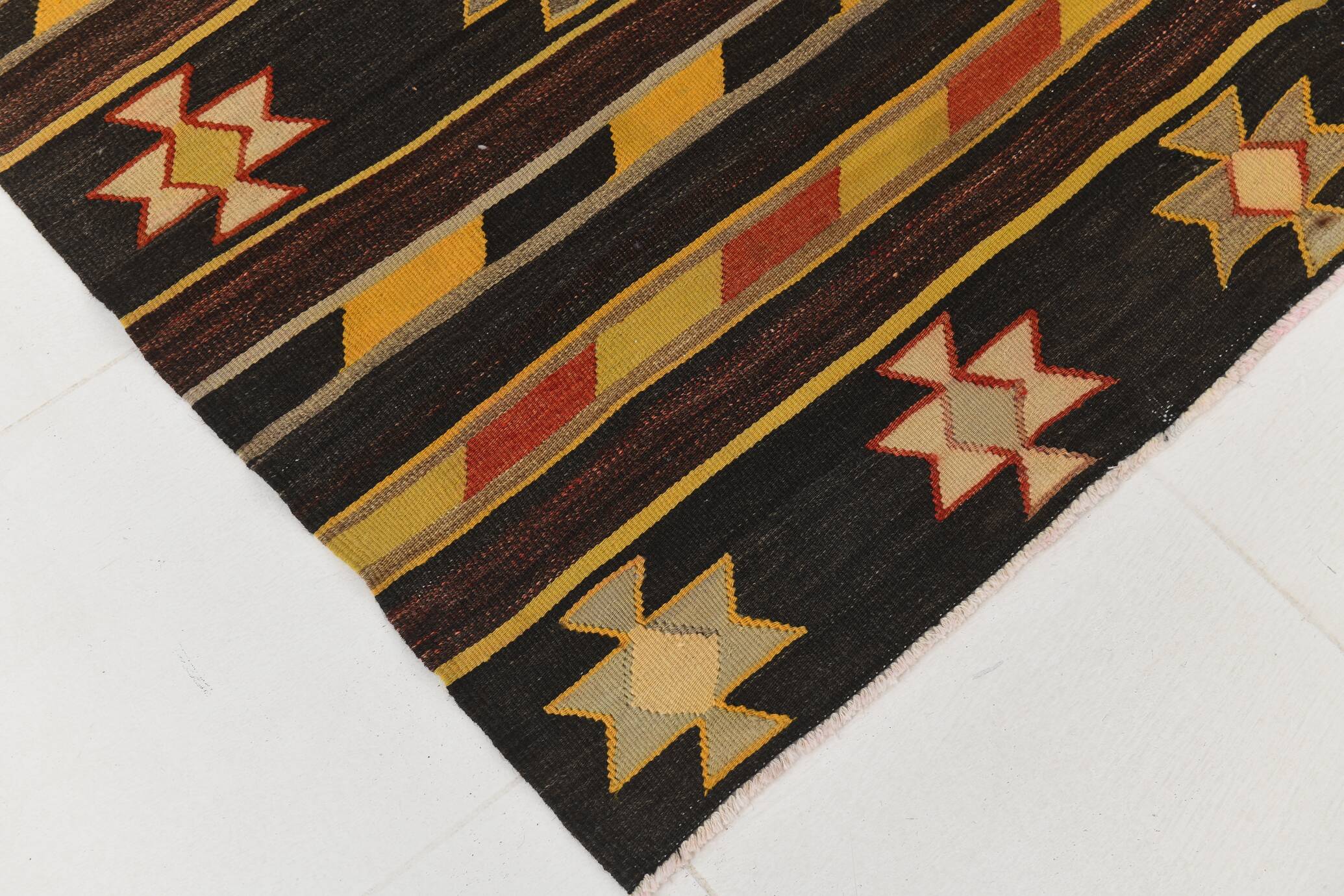 6x10 Dark Brown & Yellow Striped Handmade Wool Kilim Rug, 170x312 Cm