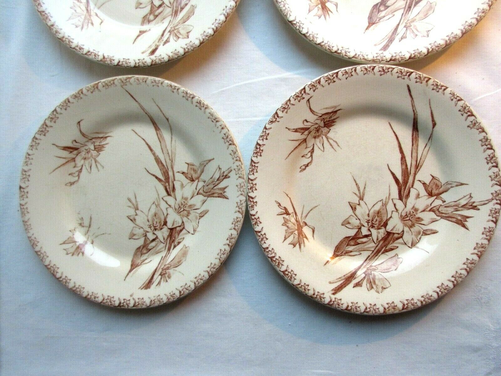 4 GIEN dessert plates, glaïeul style, sepia colour