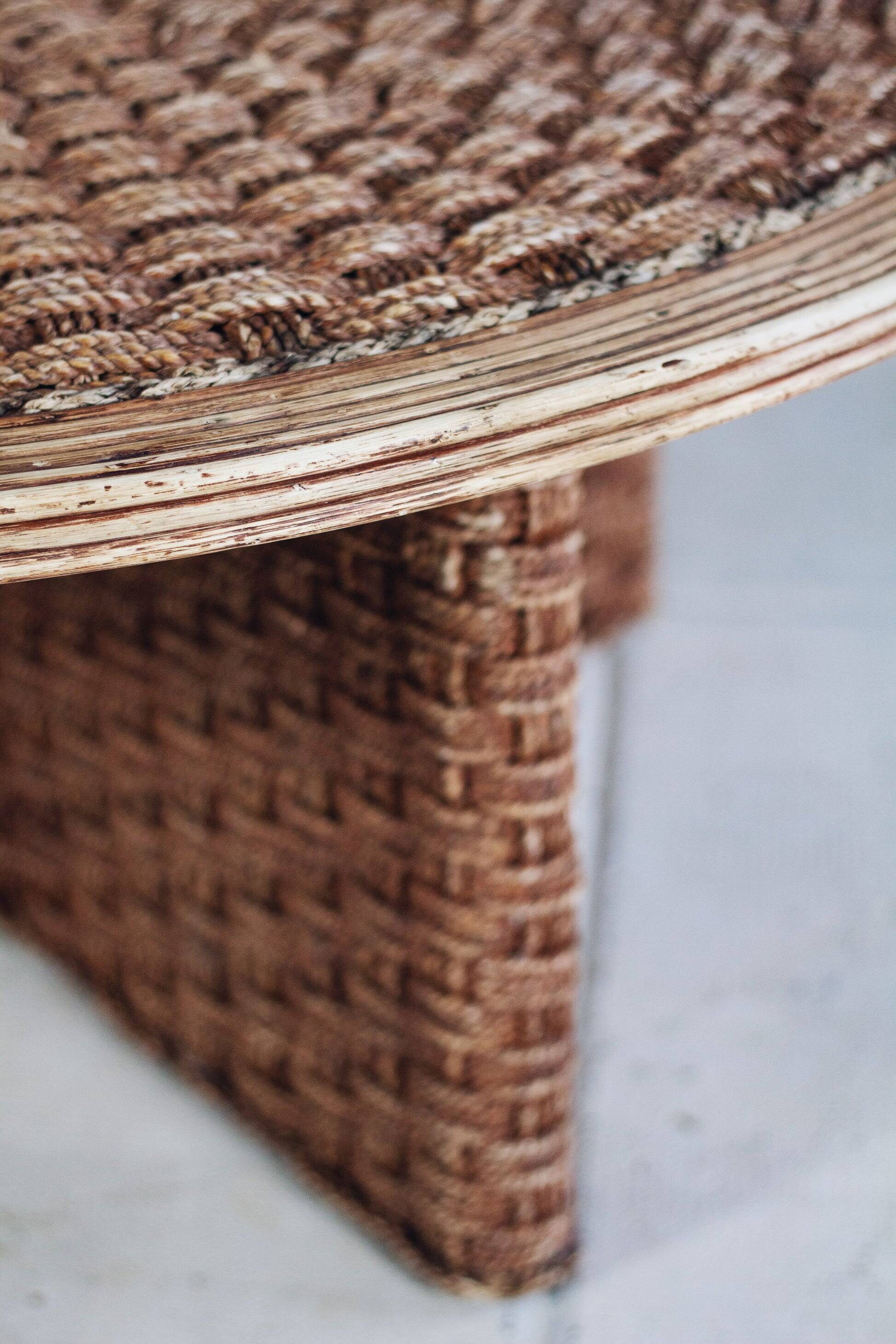 Round coffee table in braided cord and rattan, 1970.