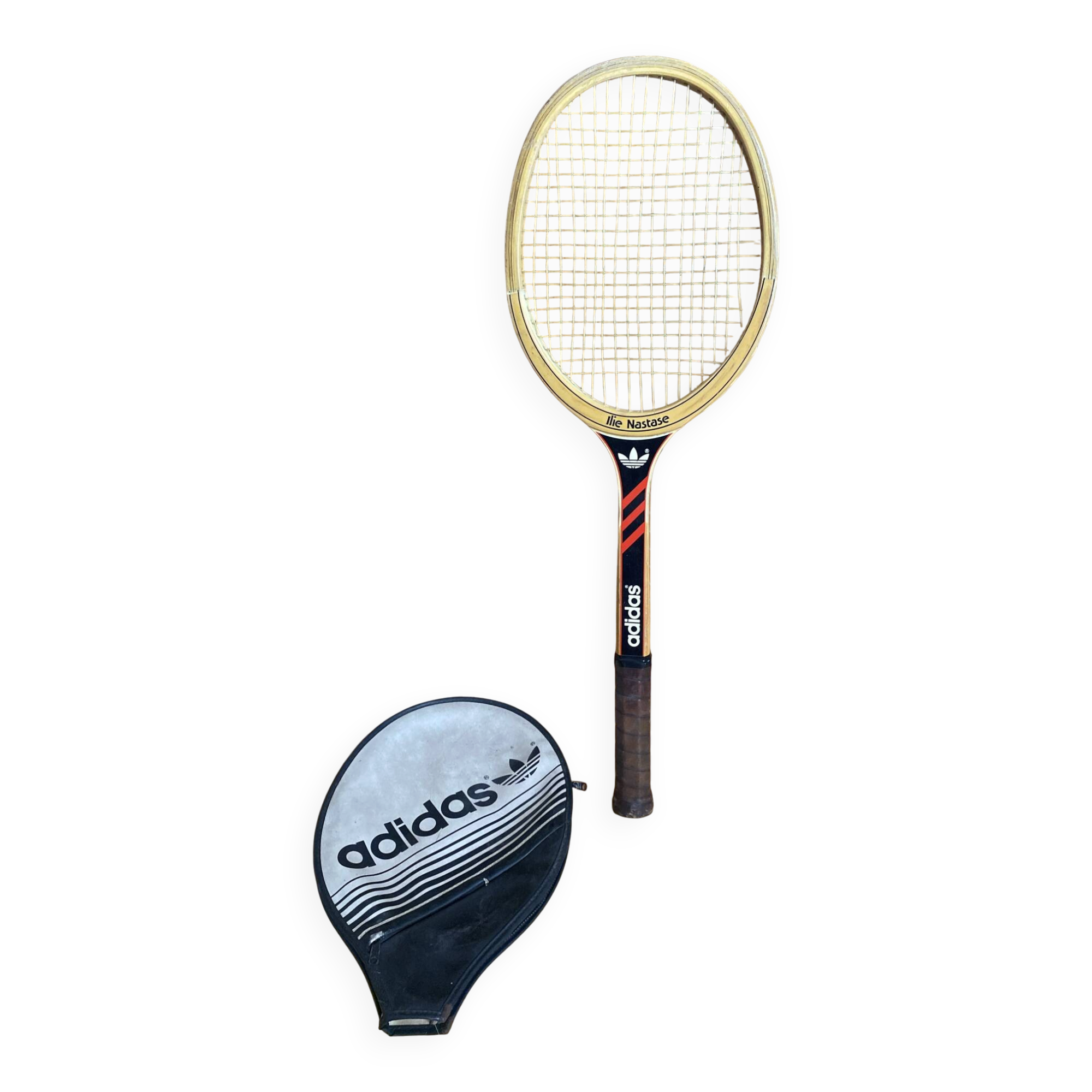 Vintage adidas tennis racket ilie năstase wood + case #e2